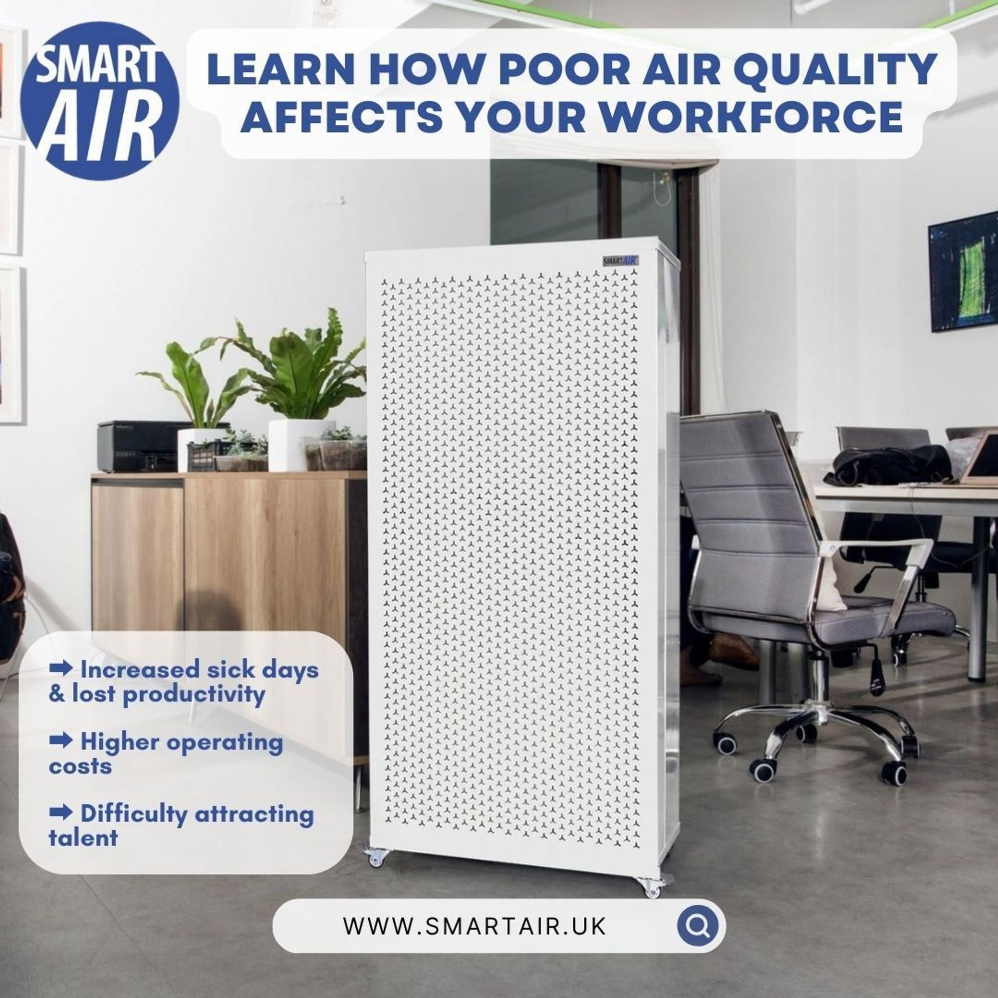 A modern office space with the Blast air purifier standing near a work desk and chairs. The purifier is a tall, white unit with a perforated design. The room has plants, wooden cabinets, and a clean, minimalist aesthetic. Text highlights the negative impact of poor air quality on productivity, operating costs, and talent retention.