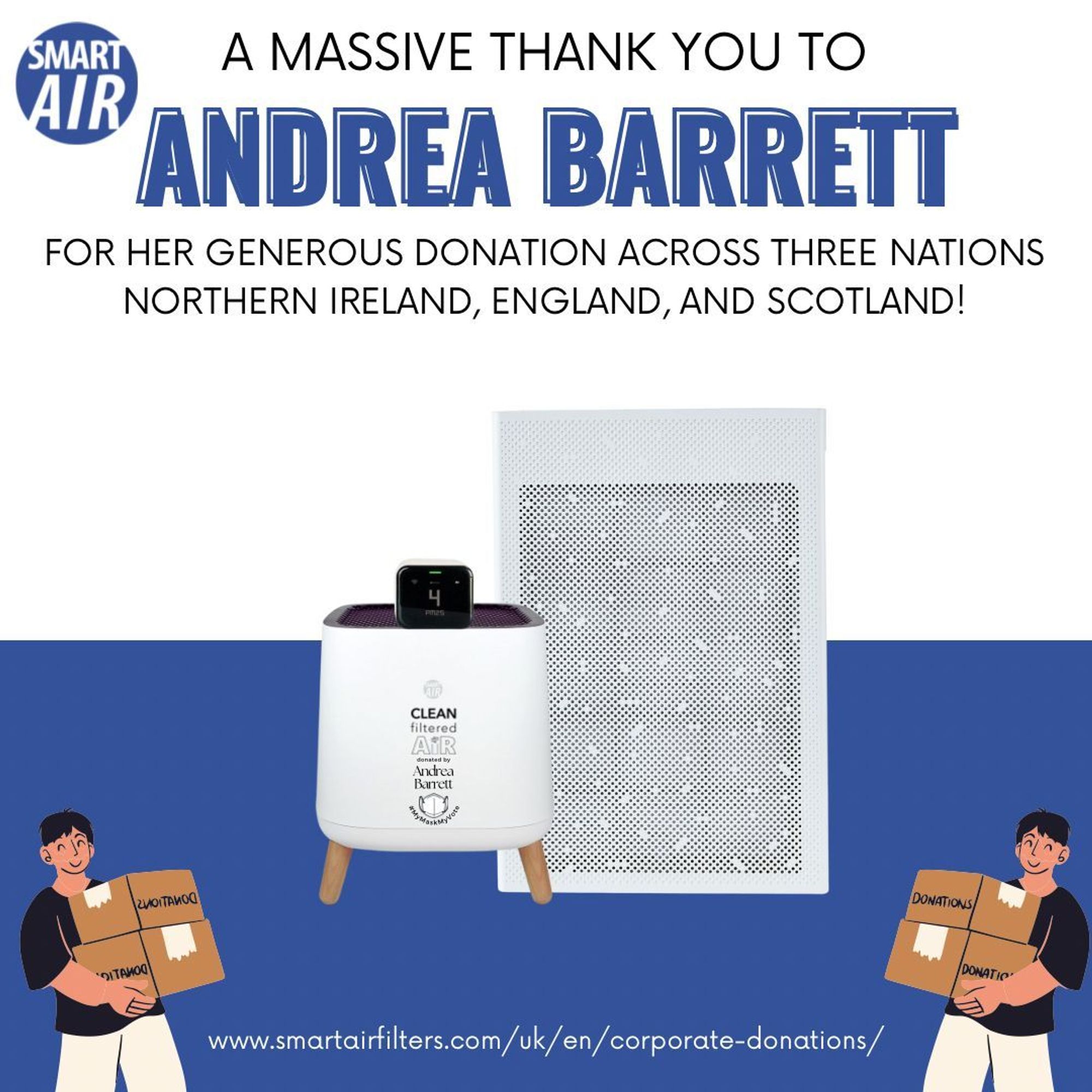 The image is a thank-you message from Smart Air, recognising Andrea Barrett for her donations in Northern Ireland, England, and Scotland. It features air purifiers, the Smart Air logo, and a link for corporate donations.