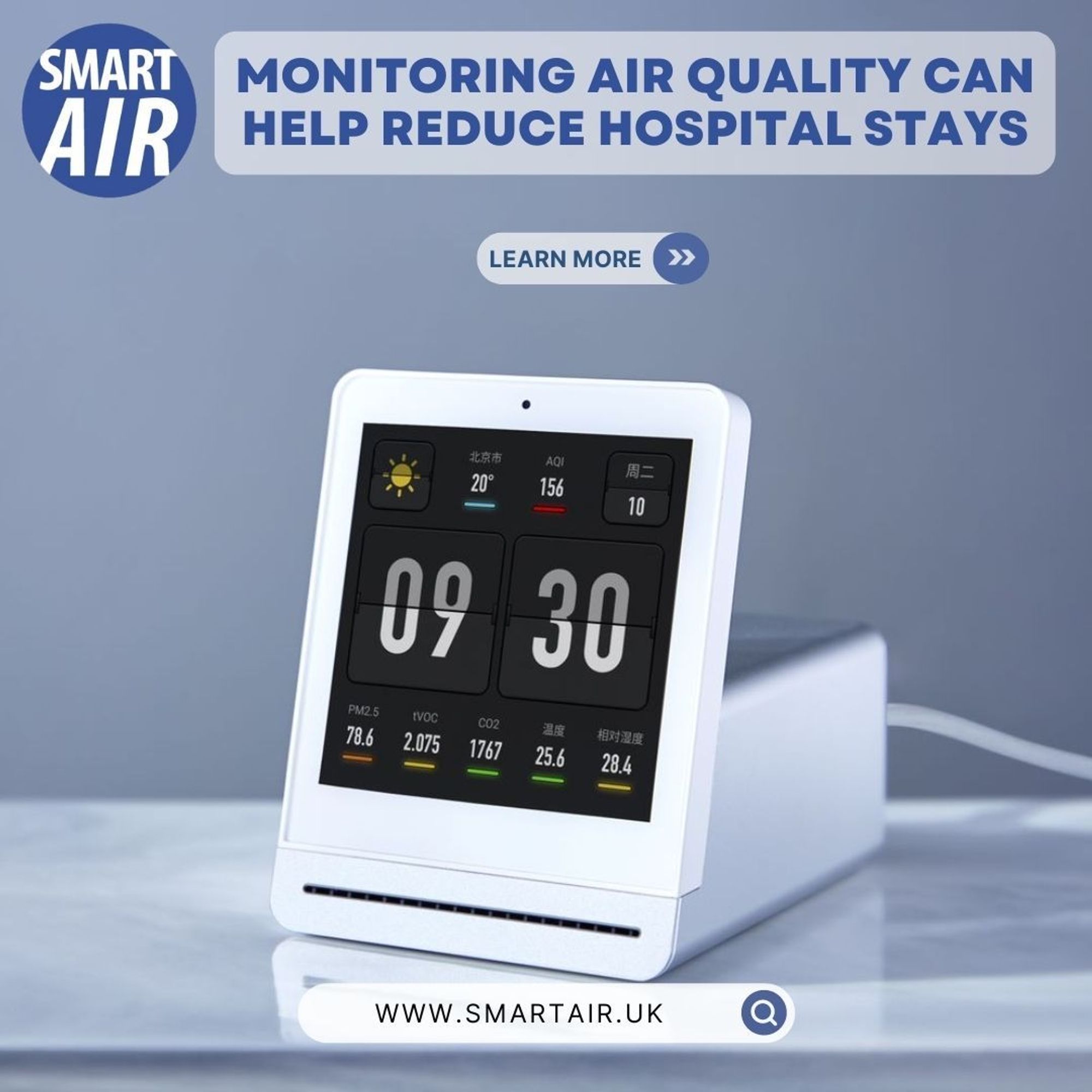 A close-up of a digital air quality monitor called QP Pro by Smart Air displaying various readings such as PM2.5, AQI, and CO2 levels. The text above it suggests that monitoring air quality can help reduce hospital stays, and a link to learn more is provided at the bottom.