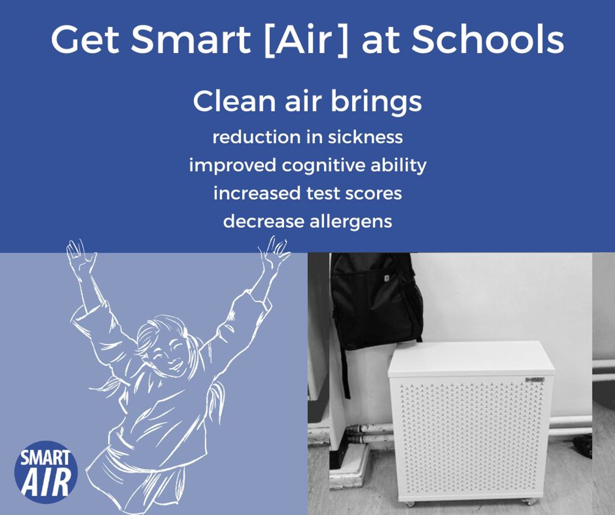 Image showing the Blast Mini air filter from Smart Air. Clean air in schools leads to a reduction in sickness, improved cognitive ability, increased test scores, decrease in allergens