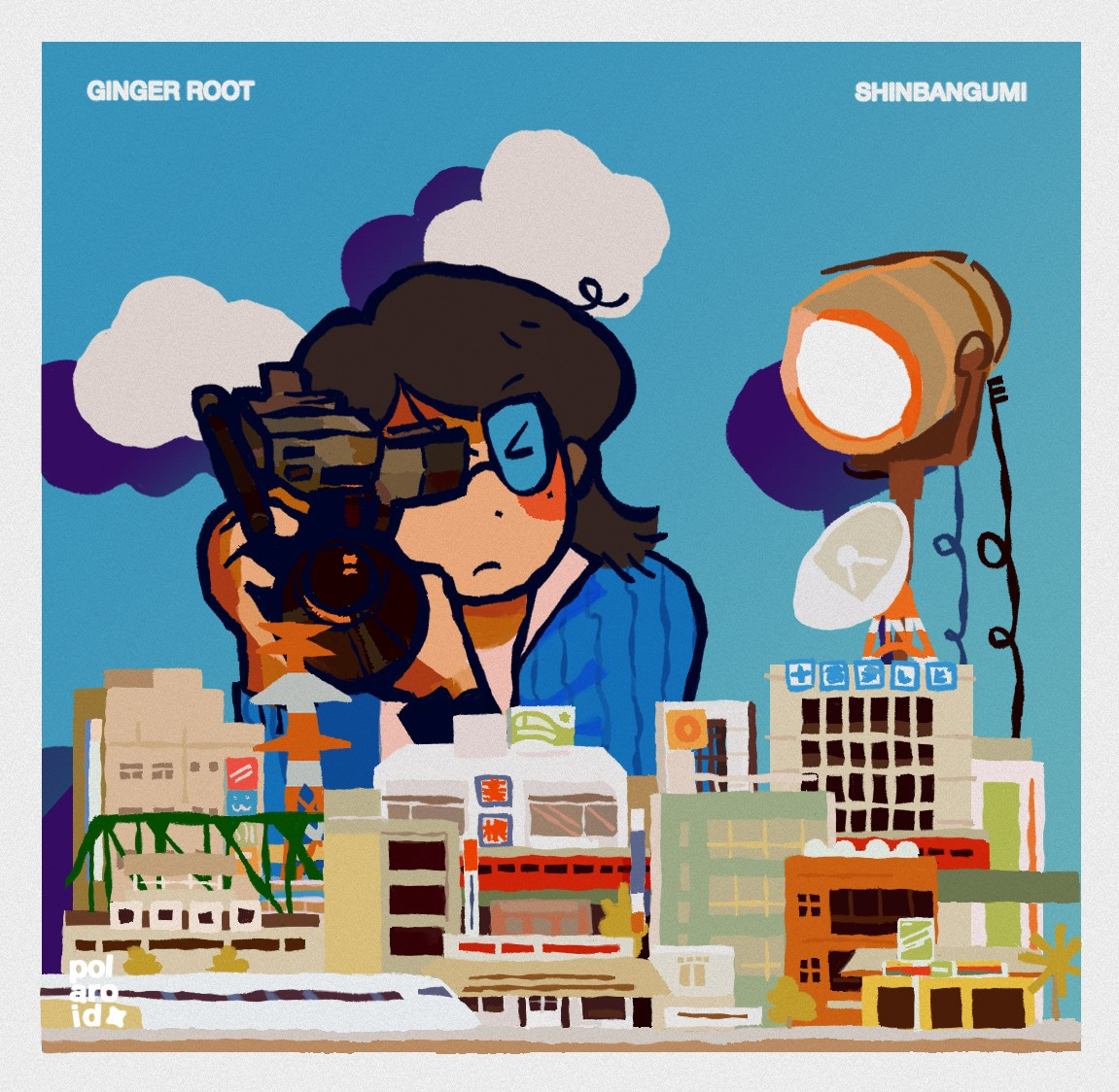 Redraw of Ginger Root's SHINBANGUMI album cover. A man with long hair and glasses, drawn in a cartoony artstyle, looks down onto a miniature city diorama with a camera.