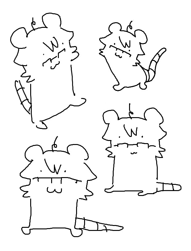 Four (4) doodles of the same mouse-like character, in various poses, all having the same content facial expression. It was drawn in MSPaint.