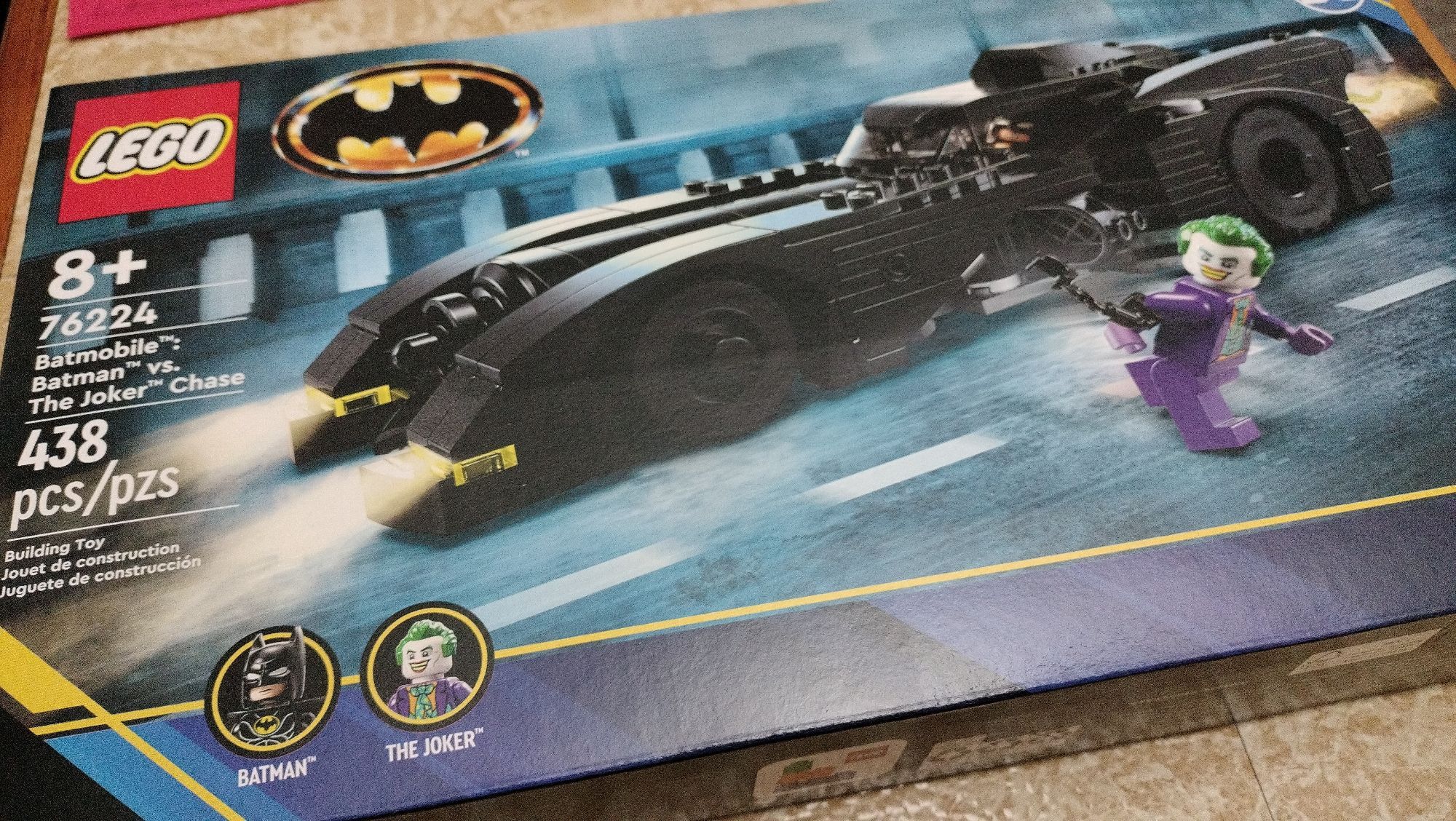 Lego model 76224 Batmobile: Batman vs the Joker Chase, 438 pcs. A Lego minifigure scaled version of the car from the film Batman (1989), never actually called "Batmobile" on screen