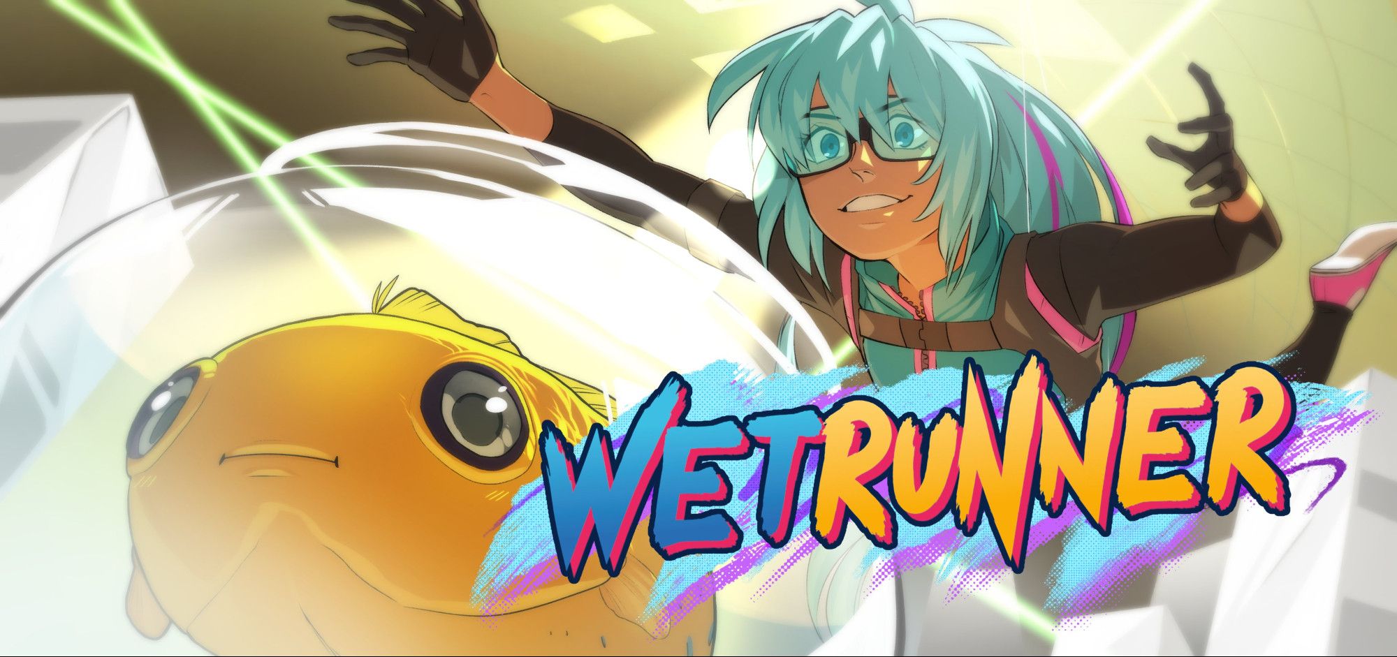 Wetrunner logo over a thief descending from a ceiling Mission Impossible style to take a fishbowl with a fish in it