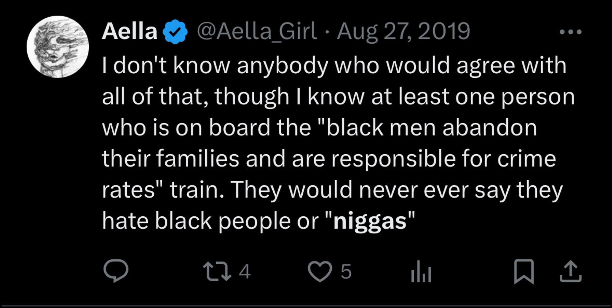 Tweet from @aella_girl that reads:

I don't know anybody who would agree with all of that, though I know at least one person who is on board the "black men abandon their families and are responsible for crime rates" train. They would never ever say they hate black people or "niggas"