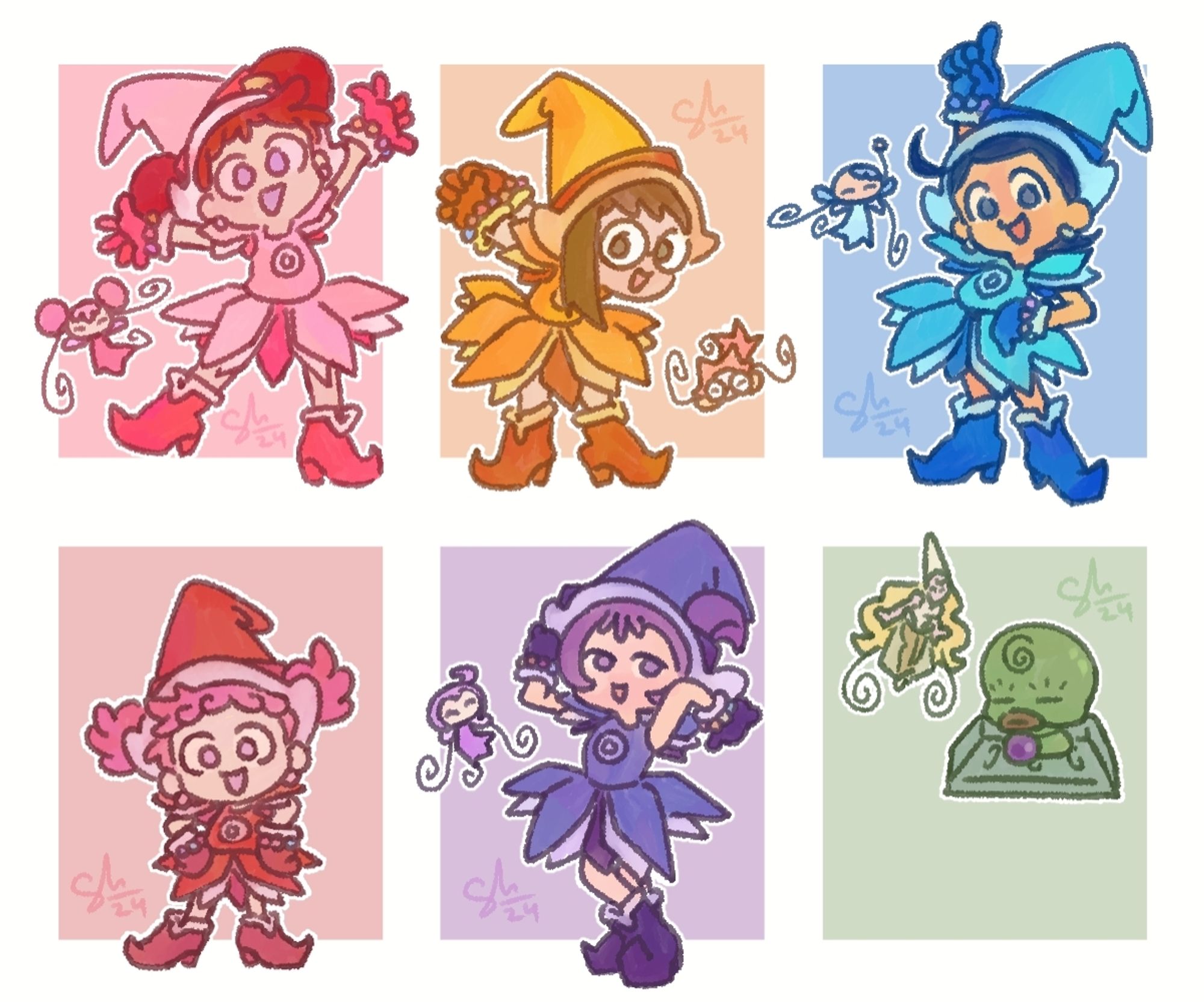 A collection of drawings of the main characters in the anime Ojamajo Doremi. The first row is of Doremi Harukaze, Hazuki Fujiwara, and Aiko Senoo. The second row has Pop Harukaze, Onpu Segawa, and Majo Rika. All the characters, expect for Pop, are accompanied by their fairies. Majo Rika is a small green blob-like creature floating on a dust pan. Her five young witch apprentices are posing in their witchling outfits, featuring a witch hat, dress, and matching heels.