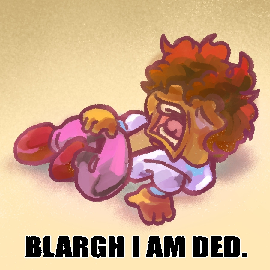 A drawing of an original character, Kashif. He’s a Pakistani teenage boy with curly brown hair and wearing a purple jacket. He’s laying prone on the ground, eyes closed and mouth wide open. A caption below in a blocky black font reads “Blargh I am ded.” in all caps.