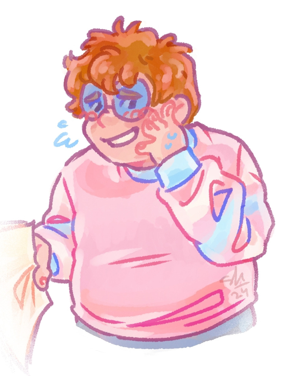 A digital drawing of Martin Balckwood from the Magnus Archives. Martin is a fat white man with fluffy ginger hair and round blue glasses. He’s wearing a pink sweater with the a trans flag pattern along its sleeves. He’s looking off to the side bashfully while holding out some files.