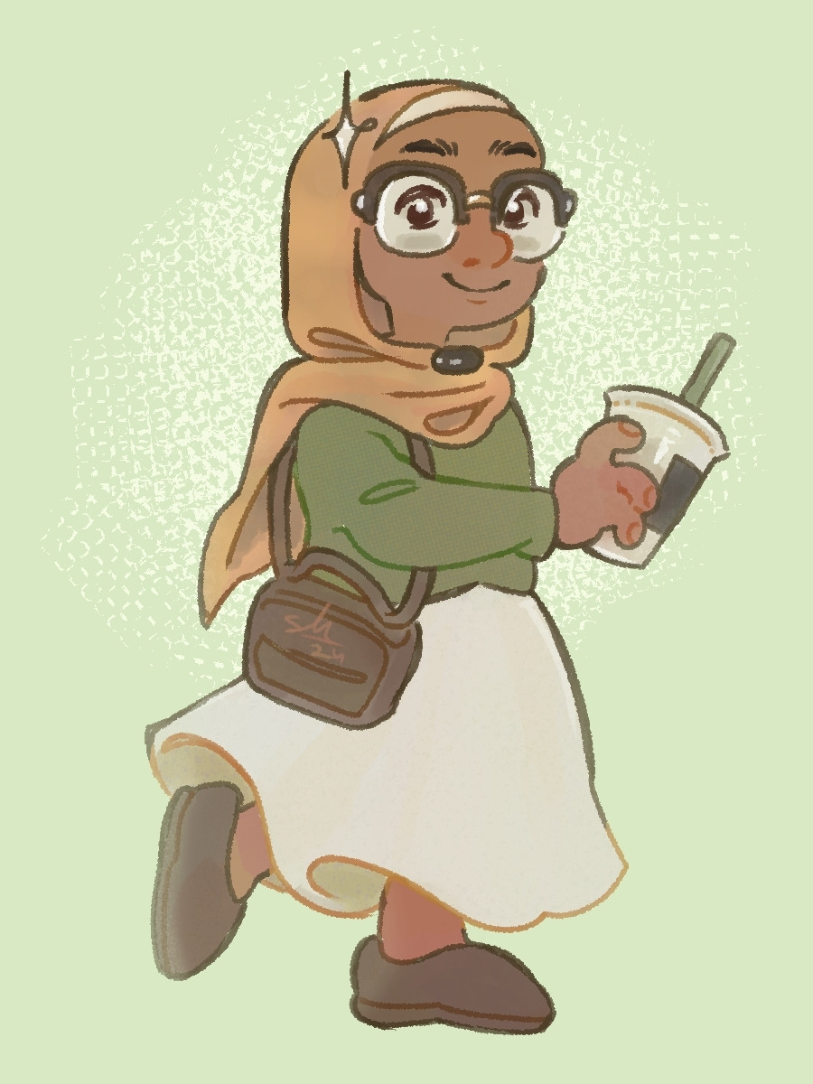 A drawing of the artist, a brown skinned person wearing a loose beige hijab with a long white dress and short green cardigan. They're holding a plastic cup with a green straw in it and have a small brown purse slung on their shoulder, matching their shoes. One leg is up as if they are midway taking a step.