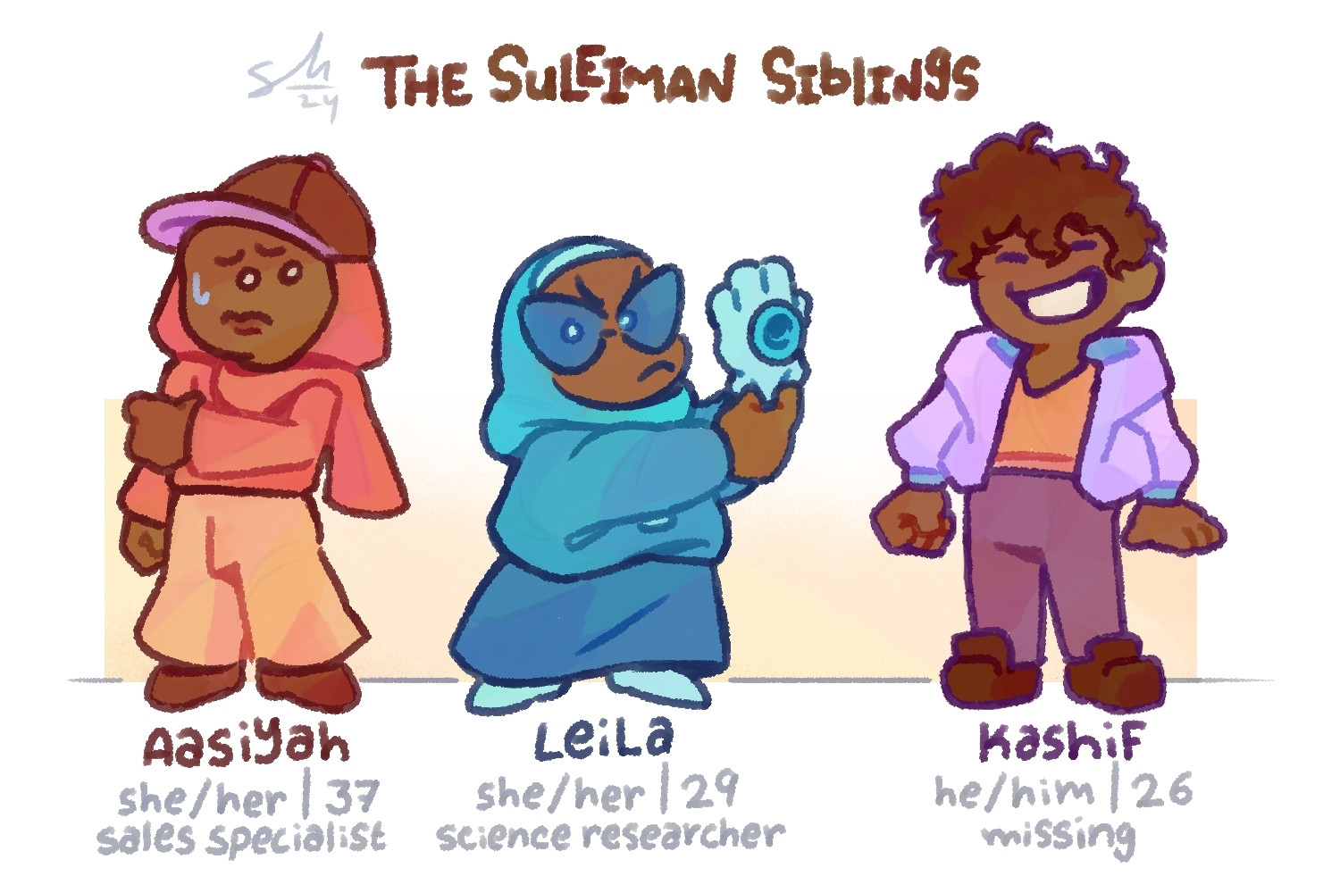 A drawing of three original characters: Aasiyah, Leila and Kashif Suleiman. They stand next to each other in a lineup. All the siblings have brown skin. Aasiyah's clothes are primarily orange and brown, Leila's is blue, and Kashif has some purple and brown.