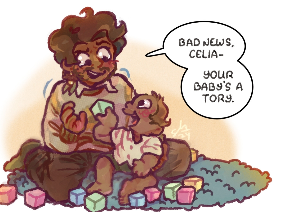 A drawing of Samama Khalid and Jack Ripley from The Magnus Protocol.  Sam is a brown man with fluffy brown hair and a beard and moustache. Jack is a light brown skinned baby with some hazel hair on his head. The two are sat together on a blue rug with colorful blocks scattered around them. Jack happily offers a green one to the older man. Sam, jokingly says to the baby's mother who is out of frame, "Bad news, Celia. Your baby's a Tory."