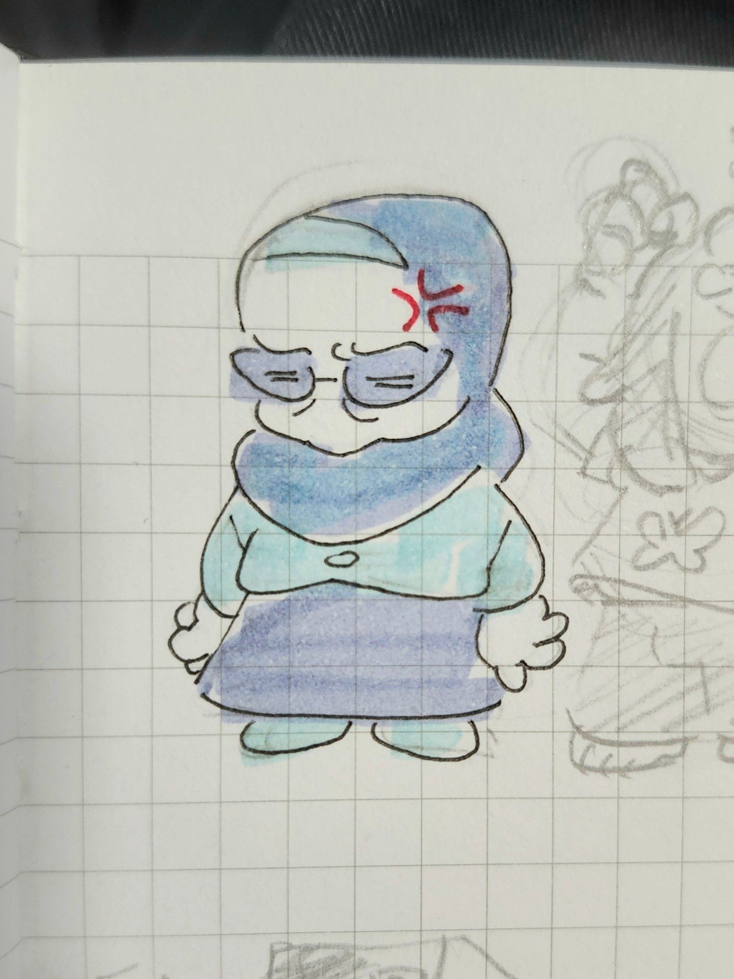 A pen and marker doodle of Leila Suleiman, an original character, standing and pouting angrily. Leila has blue glasses that match her hijab and skirt, and a light blue cardigan and shoes.