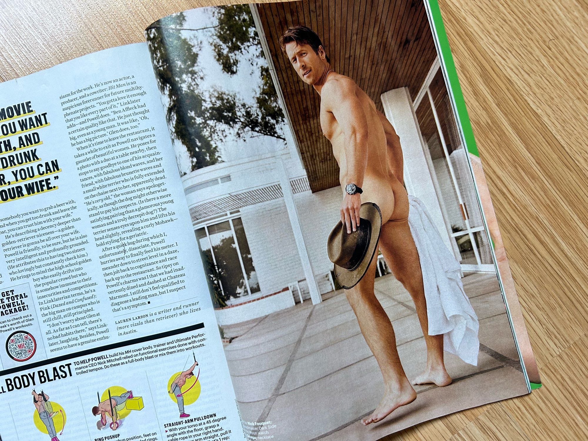 photo of a page in Men’s Health featuring Glen Powell’s butt