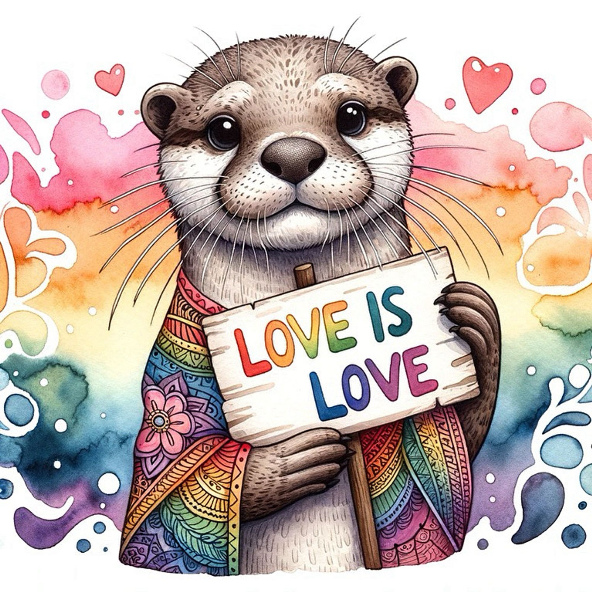 An illustrated otter holding a sign that reads ‘Love is Love’ against a vibrant background of watercolors and intricate patterns.