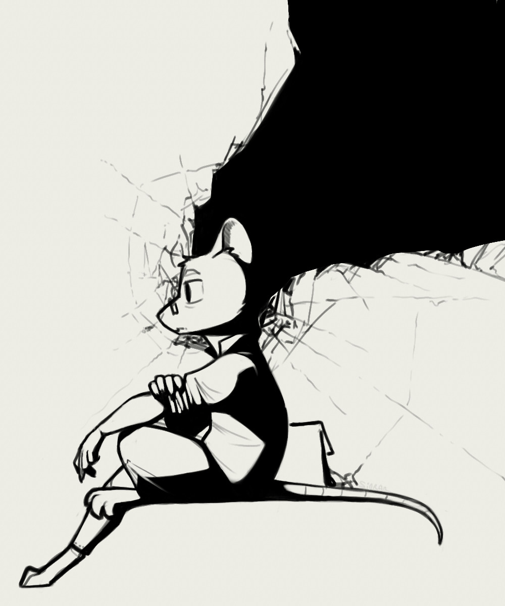 An anthro rat sits in a blank void, half-curled on himself and pensive, a bag at his side. His body is heavily shaded. Behind his head, the void appears cracked like glass, revealing a pitch black abyss which connects to his head and the shadows, as if emanating from him.