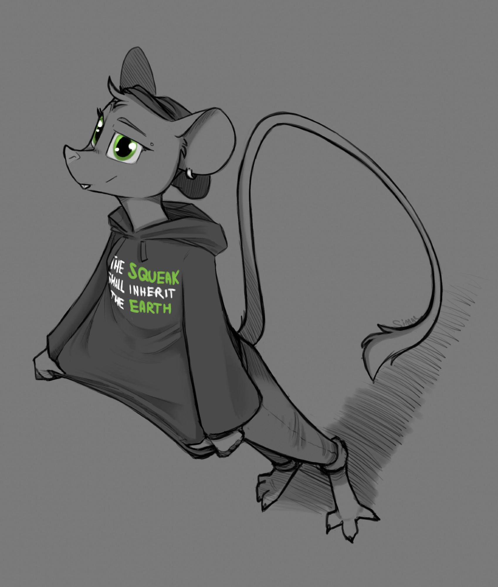 My gerbil character standing at an angle, arching her back and looking at the viewer above. She is wearing a hoodie which she is stretching out with her hands, and on which are written the words: "the squeak shall inherit the earth". Squeak, earth, and her eyes are green, the rest is greyscale.