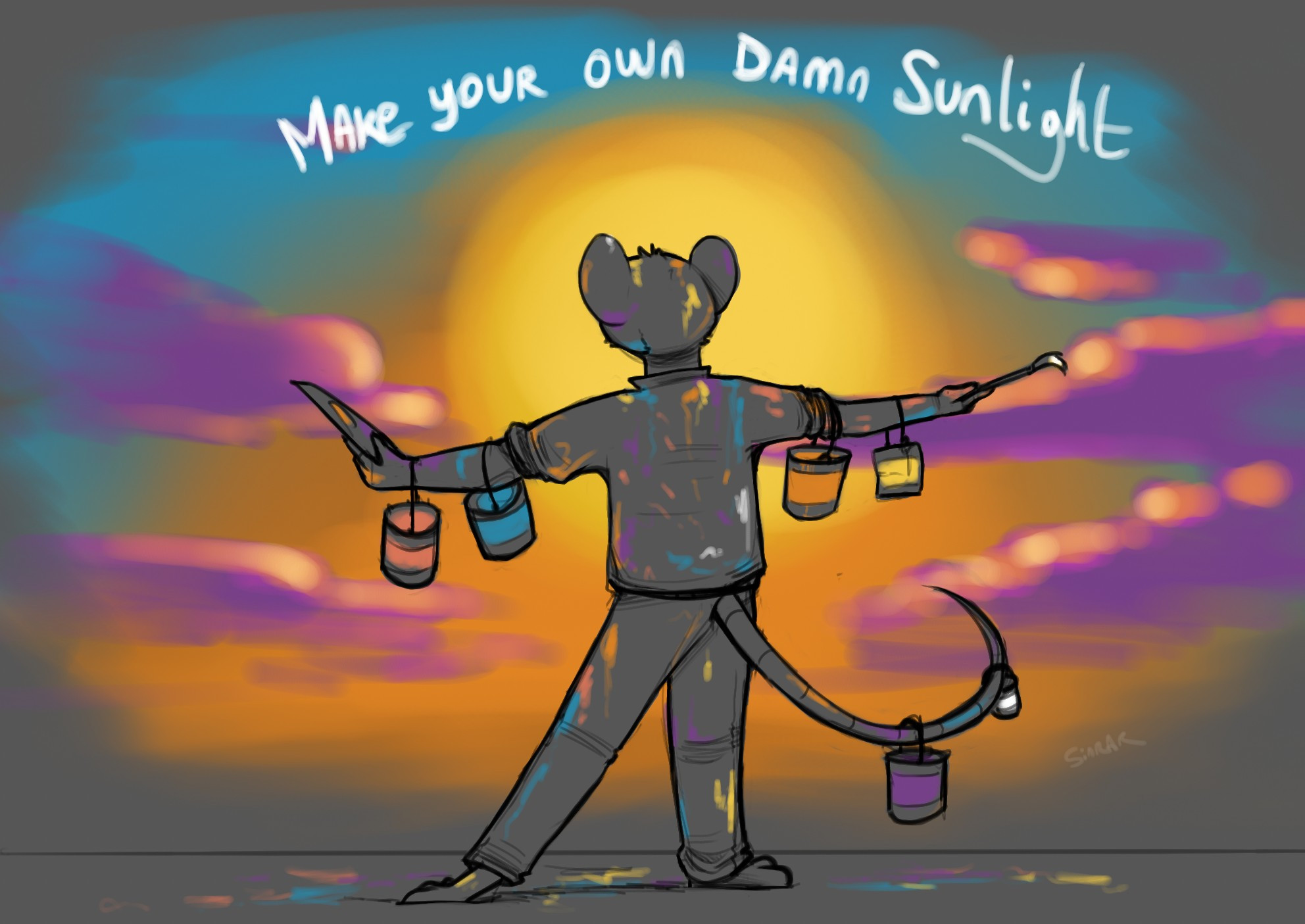 An anthro rat stands in front of a wall, back turned to the viewer. His arms and his tail hold buckets of paint, and he carries a brush and an easel. He is covered in paint. In front of him, a picture of a sunrise, with purplish clouds, has been painted on the wall, and he appears as if embracing the sun in the picture. Above it, the words "make your own damn sunlight" have been written.