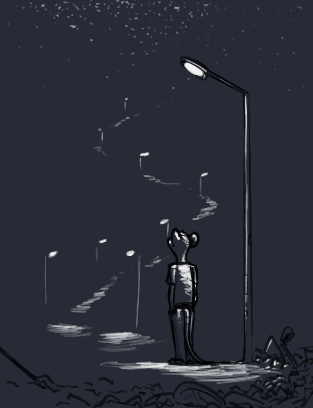 An anthropomorphic rat stands under a streetlight. In front of him, the glow of other lights illuminates a path and a stairwell, up until a myriad of streetlights glow like the night sky above -- a myriad of possibilities. Behind him, broken remains are a testament to past mistakes and squandered possibilities.