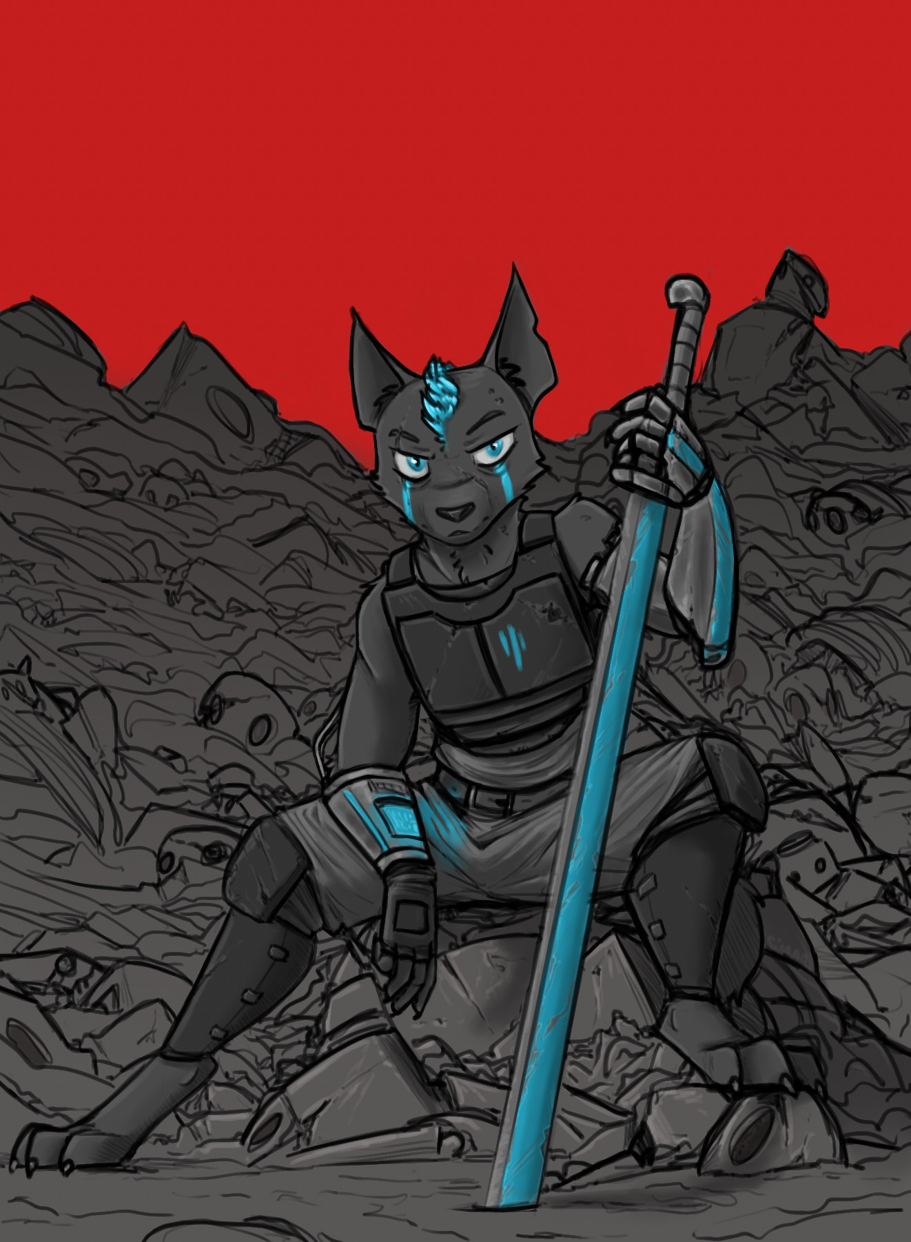 An anthropomorphic wolf sitting in the middle of a pile of rubble and destroyed robots. He wears light armor and has a robotic arm, and is propping himself up with a large sword.