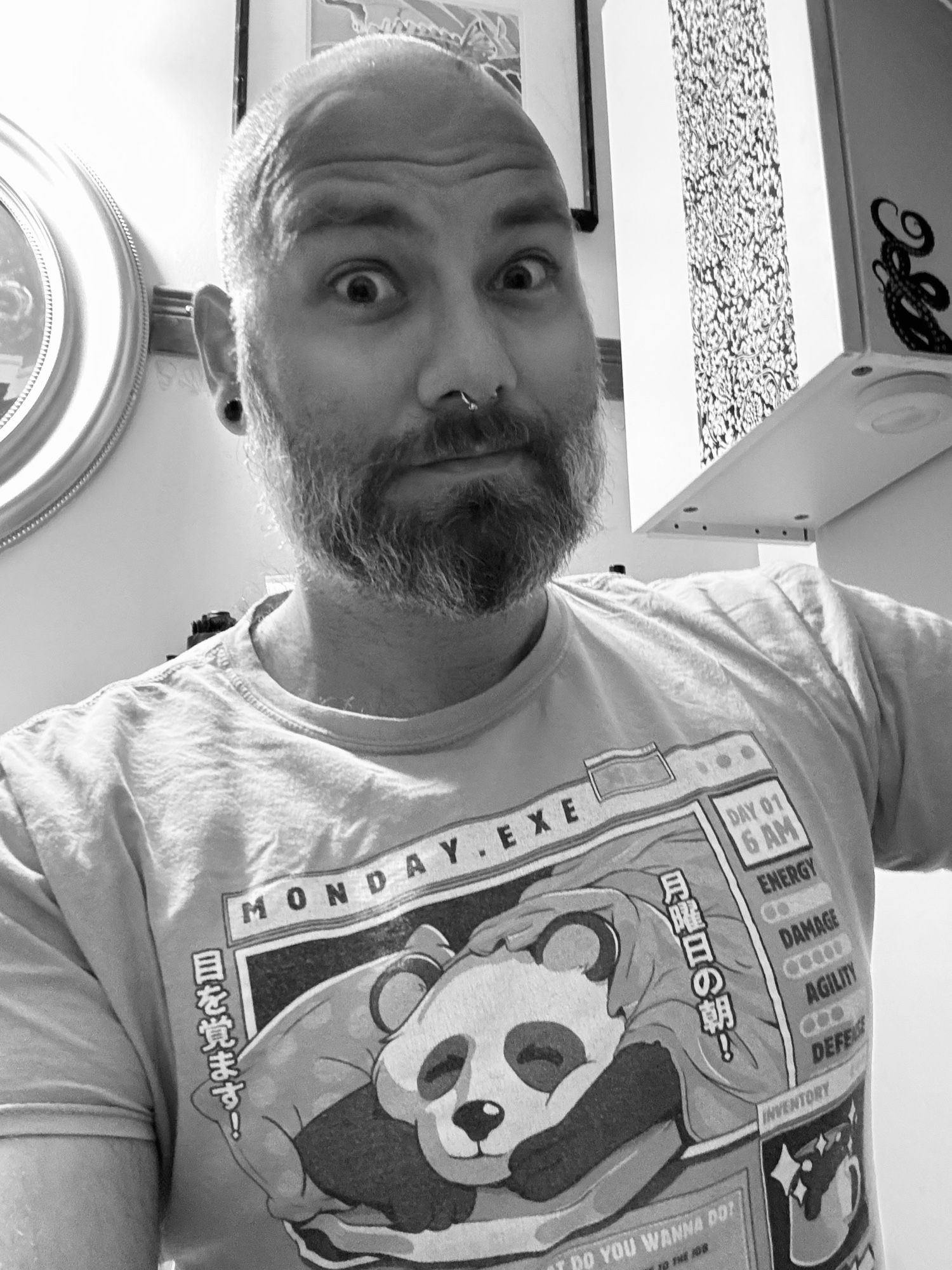 A black-and-white photo of a pale-skinned beardo with raised eyebrows and wide eyes. They are wearing a pale graphic tee which reads “Monday.exe” and features a cartoon panda snoozing in bed with exclamations in Japanese kanji