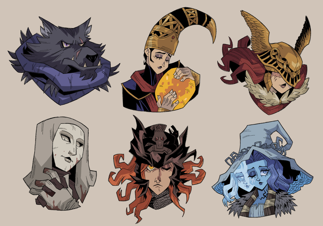 six busts of elden ring characters, blaaid, renalla, malenia, varre, mesmer and ranni