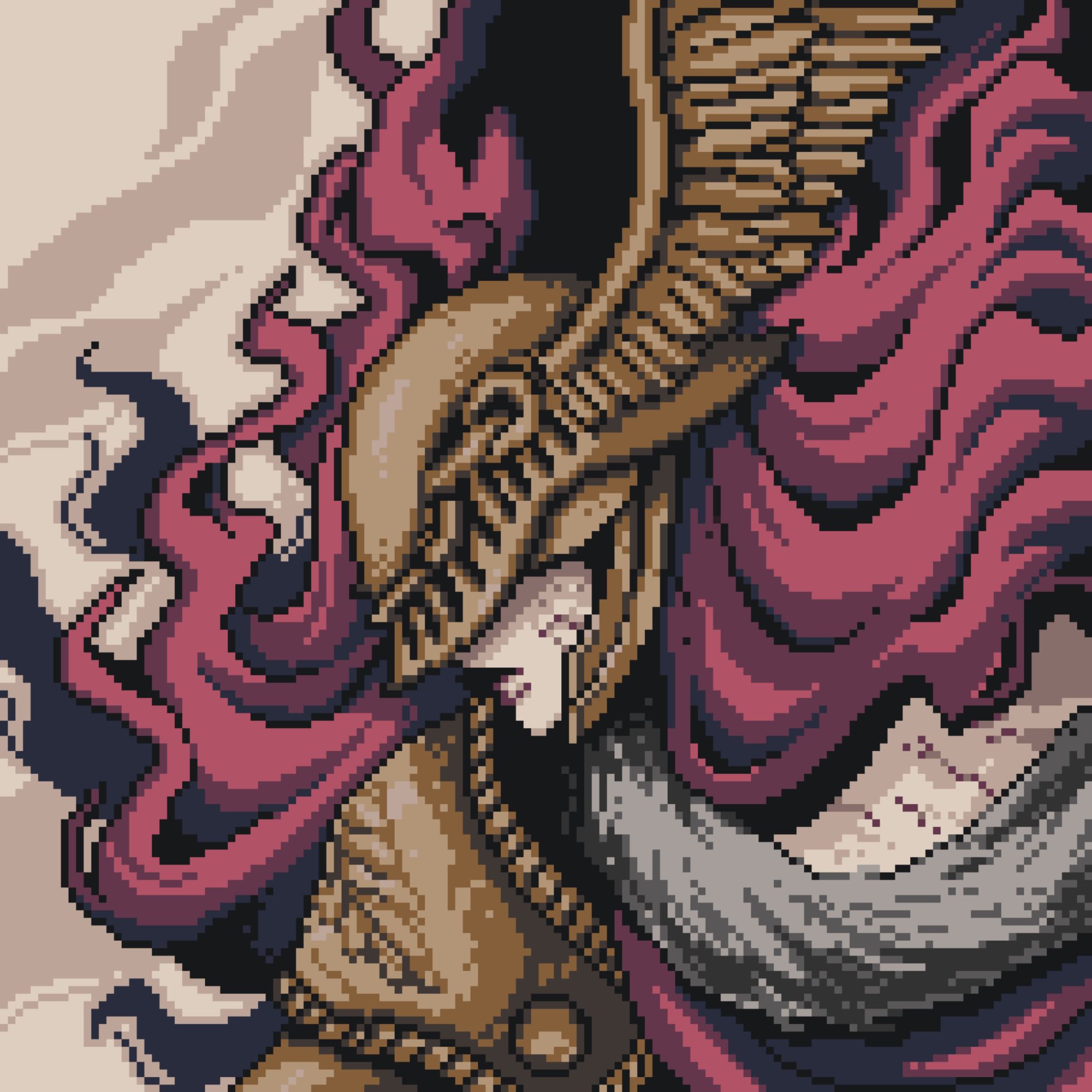 pixel art portrait of malenia from elden ring, she is a red haired warrior with golden armor, the helmet hids her yes and there is wings on each side of the helmet.
side portrait with her looking left