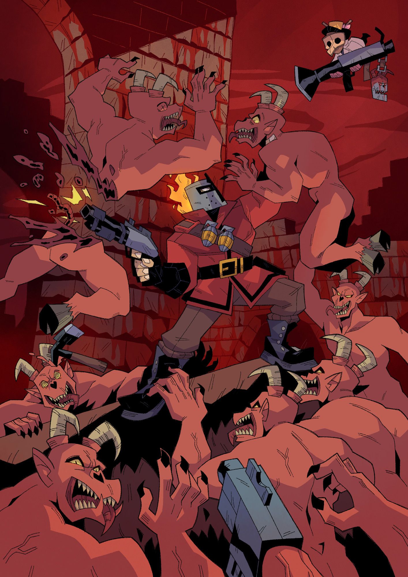 a cartoon illustration referencing doom original cover art.
stylized demons attacking a guy on the center of the image, the background is kinda of a old castle walls, with blood and red tones everywhere. the guy on the center, he dresses a red jacket and brown pants, he has a "templar" helmet with flames behind his head, he is holding one demon by the neck and shooting with a shotgun the belly of another demon. above all the mess there's a little guy with a plague doctor mask, traditional japanese woman hair style and white cloths holding a rocket launcher for the guy on the center