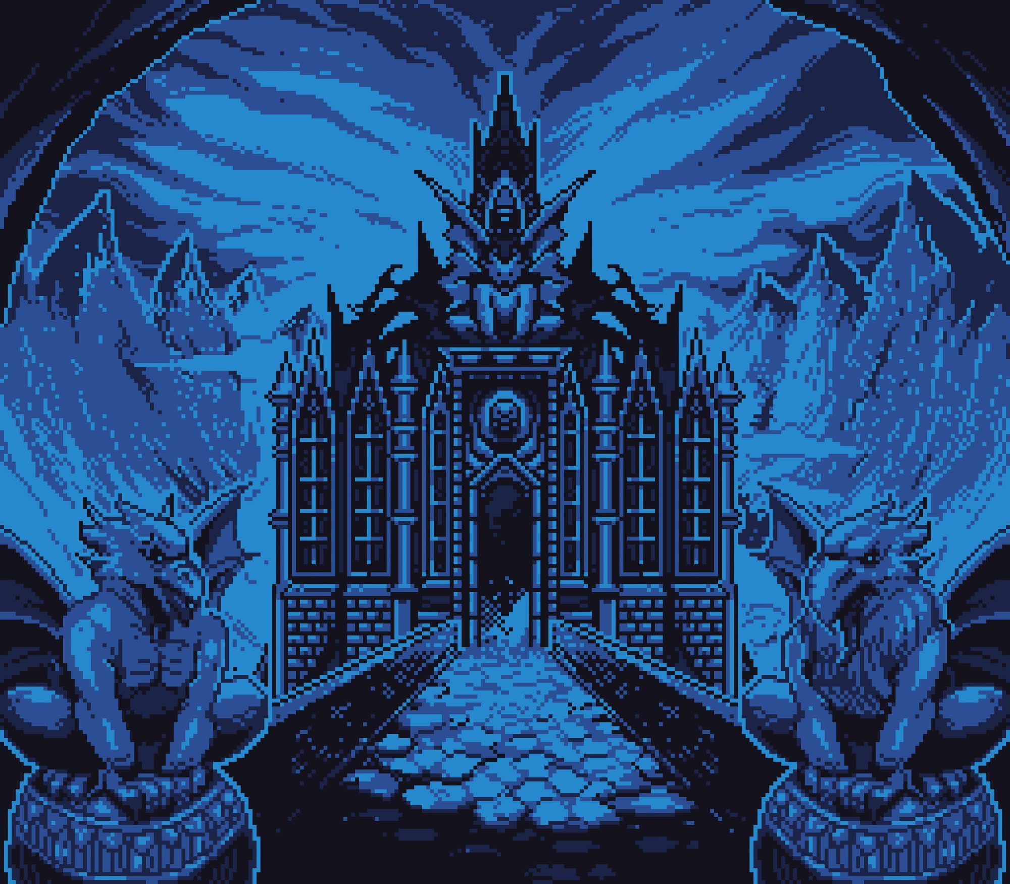 pixel art fan art of the album cover nocturnal from the band the black dahlia murder.
something like a demon castle in the center with two gargoyles on each side, everything on a dark blue tone.