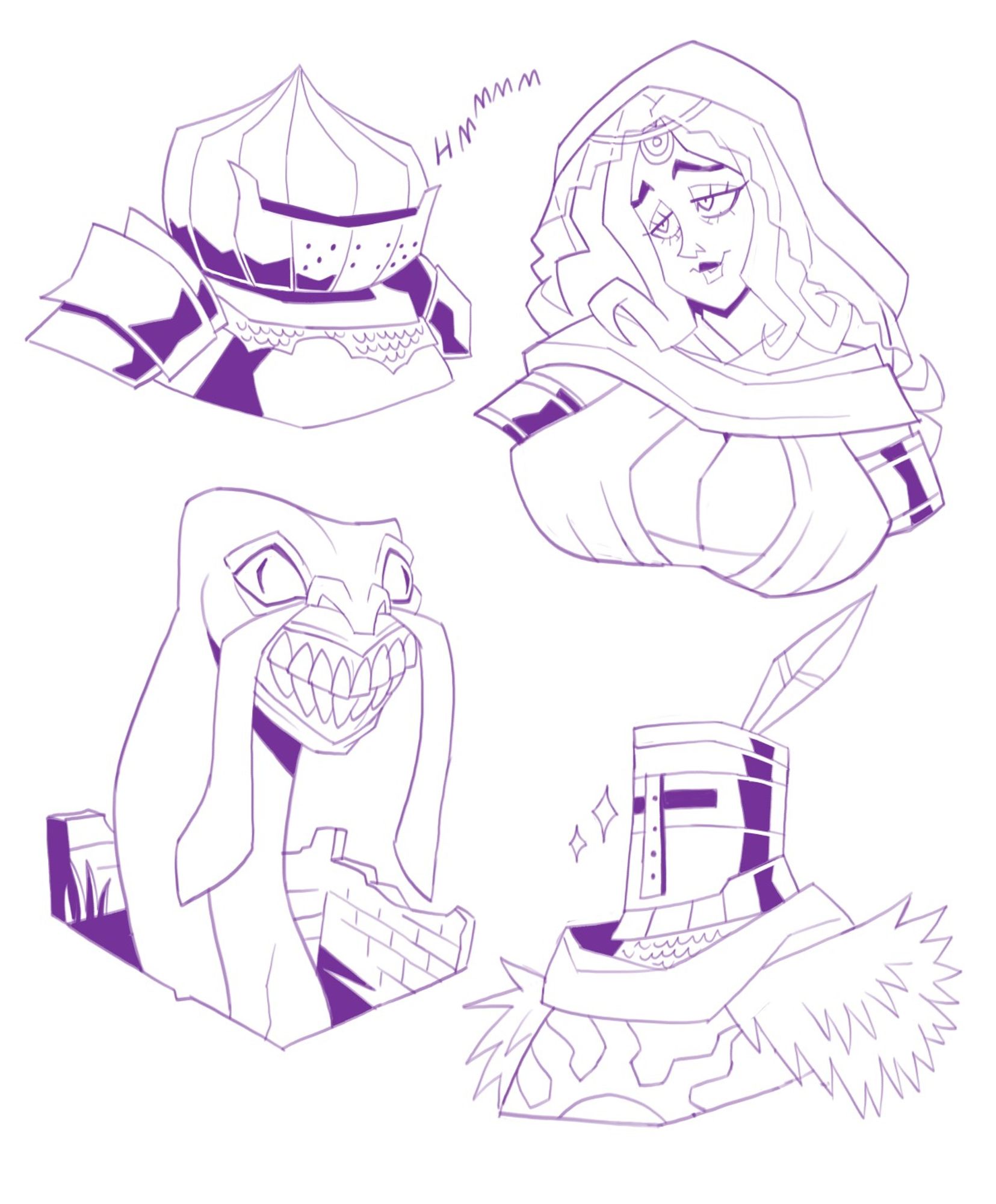 four bust sketches of dark souls characters, siegmeyer, gwynevere, kingseeker frampt, solaire