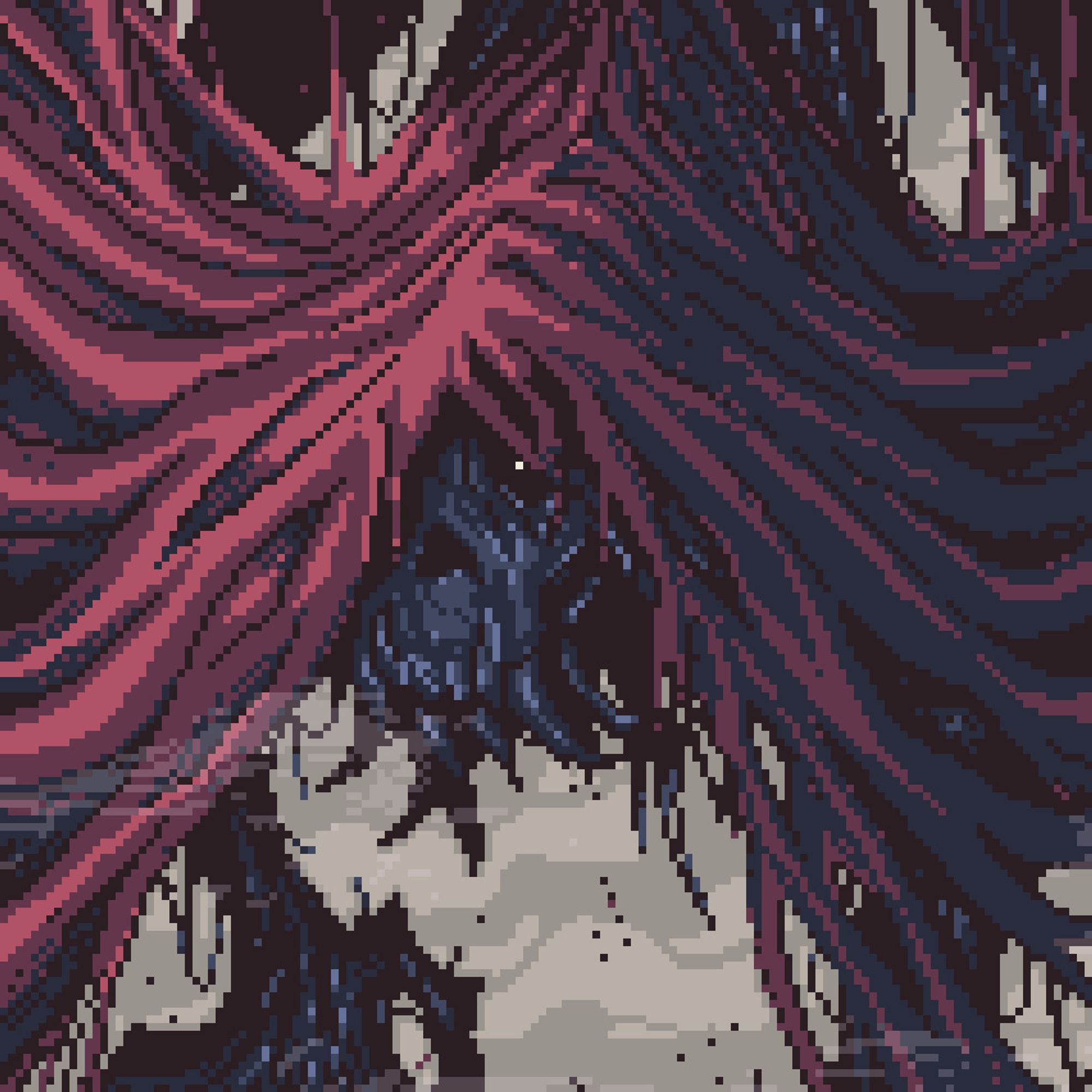 pixel art of bloodstarved beast from bloodborne, a dark skullface creature with a red cape (of flesh I believe)