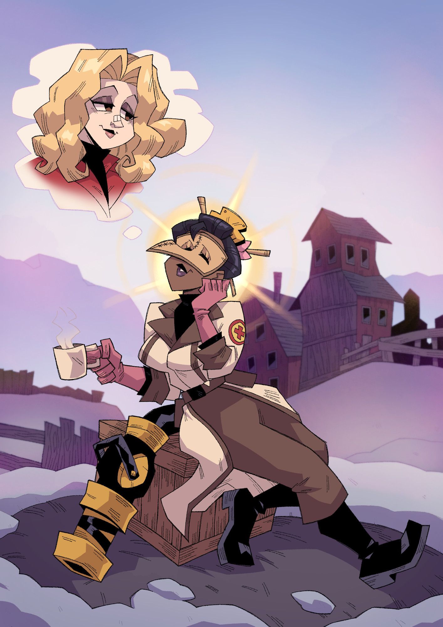 a morning and snowing scene, where you can see the sky and montains far beyond, one character at the center of the image is daydreaming about a blonde girl with long and curly hair. 
the character on the center is a girl with dark skin, traditional japanese woman hairstyle, a plague doctor mask, a field doctor cape and pants, all in white and brown colors, pink gloves and black boots.
she is sitting on a woodbox, holding a coffee mug.
a golden light around her head.
her weapon is resting on the side of the box, it's a black and golden cannon like weapon the shoots healing for his companions (she is the healer from TF2).