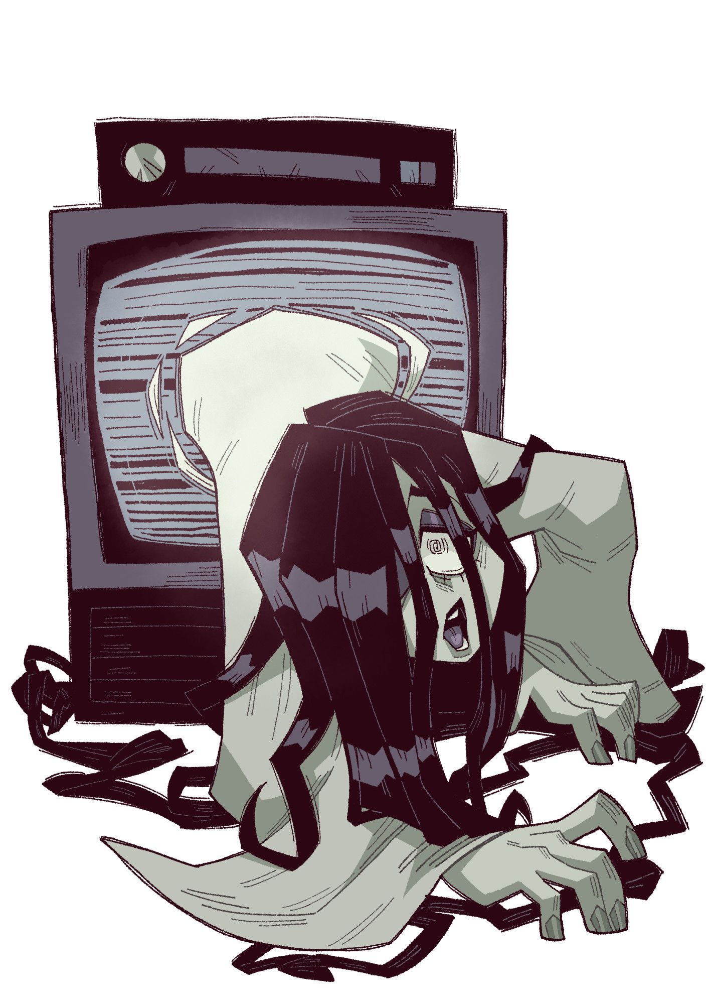 Sadako  from the movies "The ring" cartoon drawing.
she is a pale white woman with a white cloth, long and black hair.
she is comming out from a old tv looking at the camera.