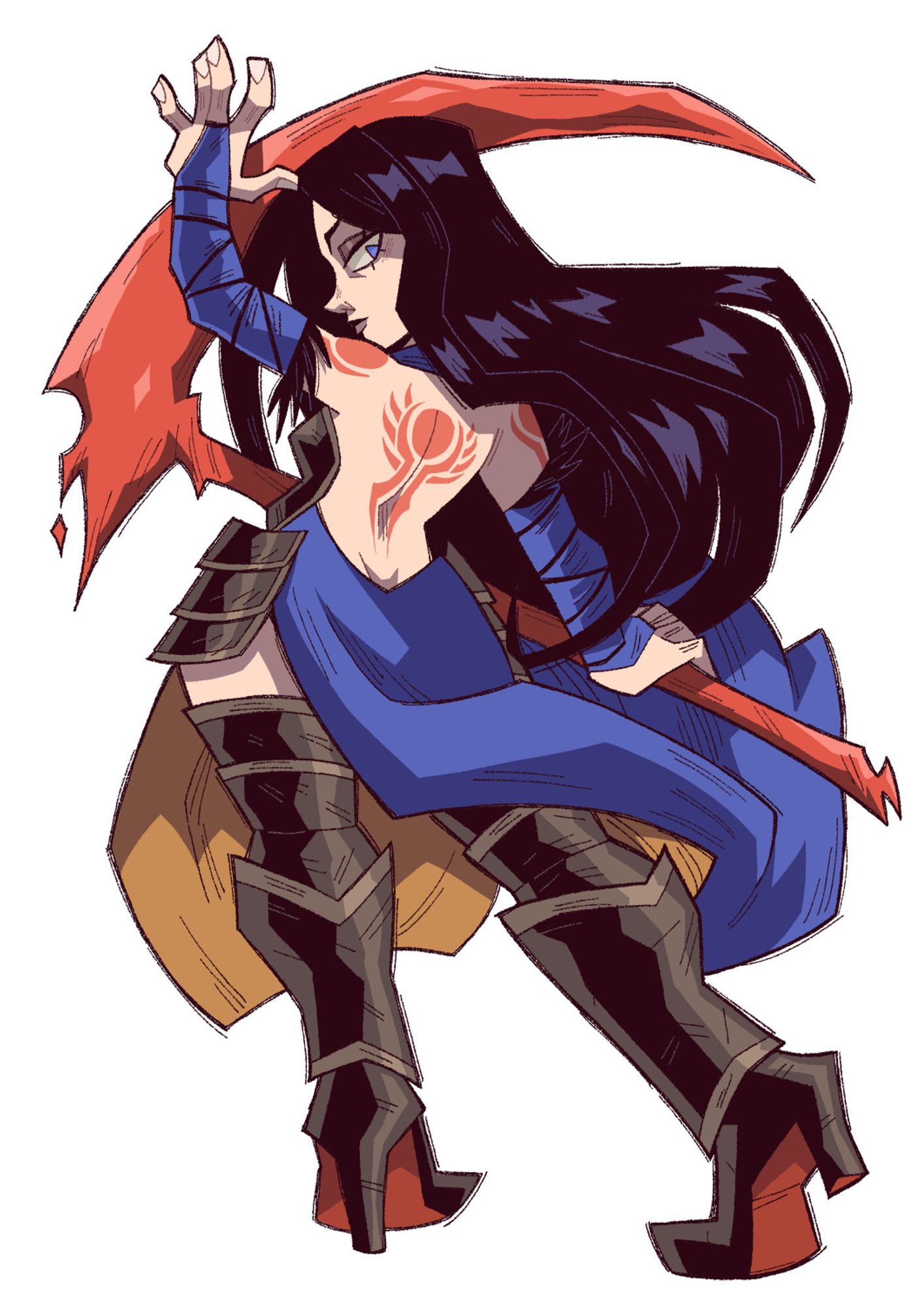 cartoon art of Shanoa from Castlevania order of ecclesia.
she has a blue dress with her back exposing the red tattoos, arms covered with the same cloth as her dress and brown armor boots.
she is looking the camera, holding a red sickle with one hand.