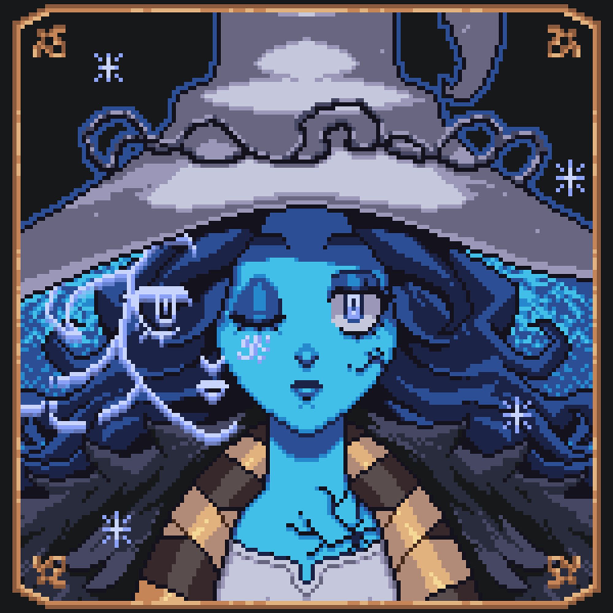 pixel art portrait of ranni from elden ring, she is looking foward with a calm expression.
she has blue skin and dark blue hair, a big with witch hat. with the right eye closed, some scars on her skin. on the side with the eye closed she has something like a ghost face