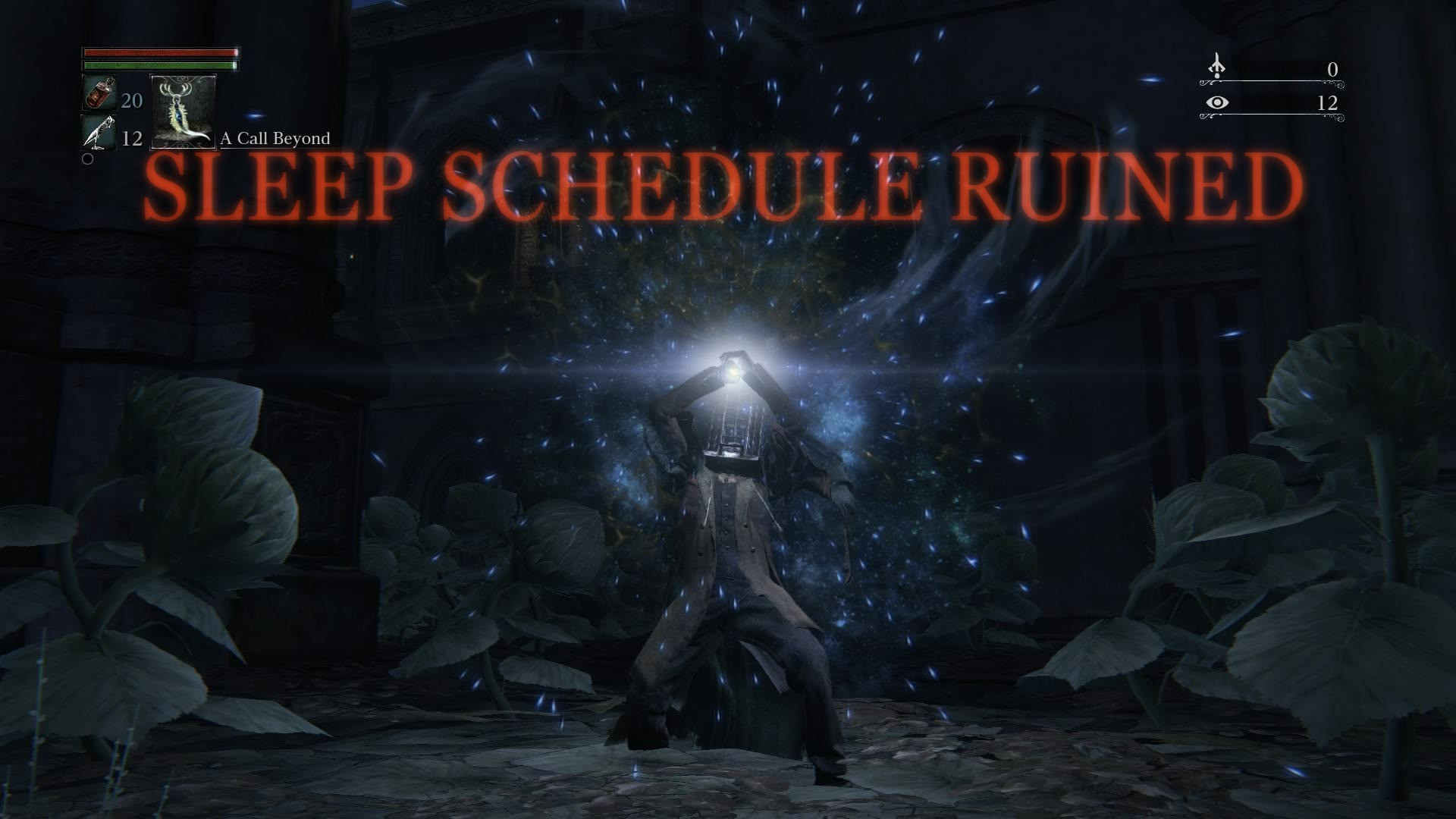 a picture of a bloodborne hunter wearing the mensis student outfit charging up a call beyond with fromsoft text at the top that says SLEEP SCHEDULE RUINED