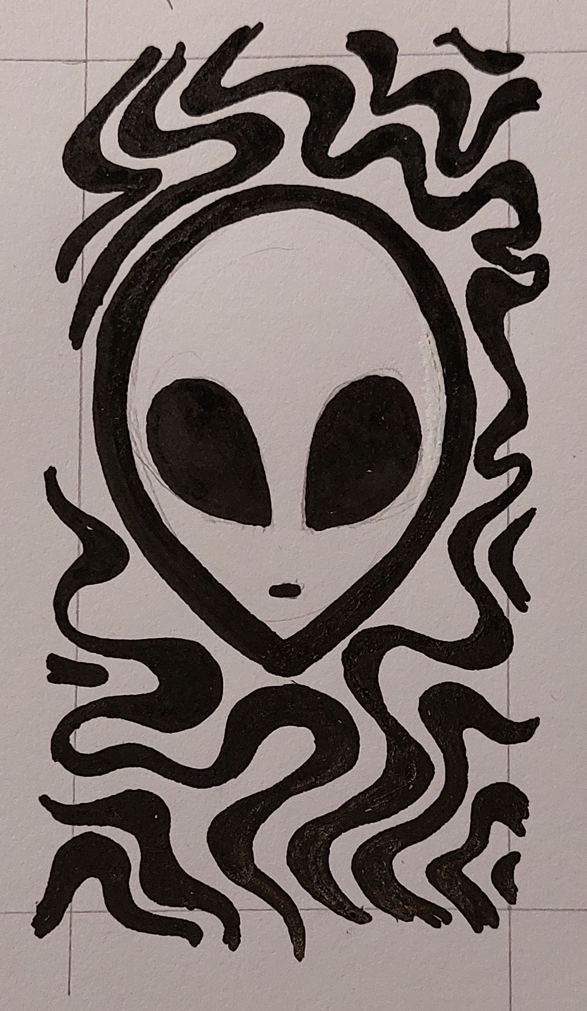 Drawing of a Roswell alien with psychedelic swirly lines.