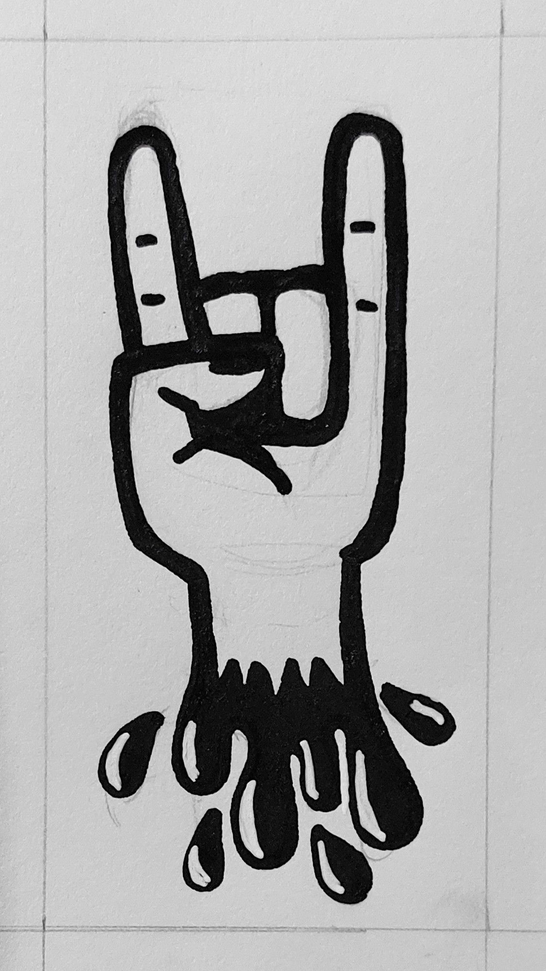 Drawing of a bloody severed hand with the fingers in a heavy metal sign.