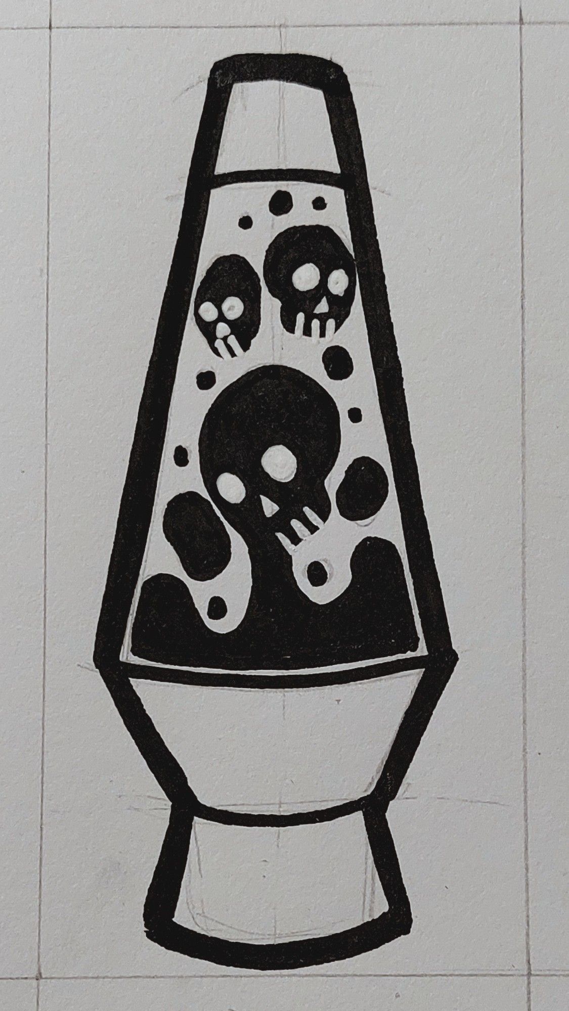 Drawing of a lava lamp with gooey skull shapes inside.