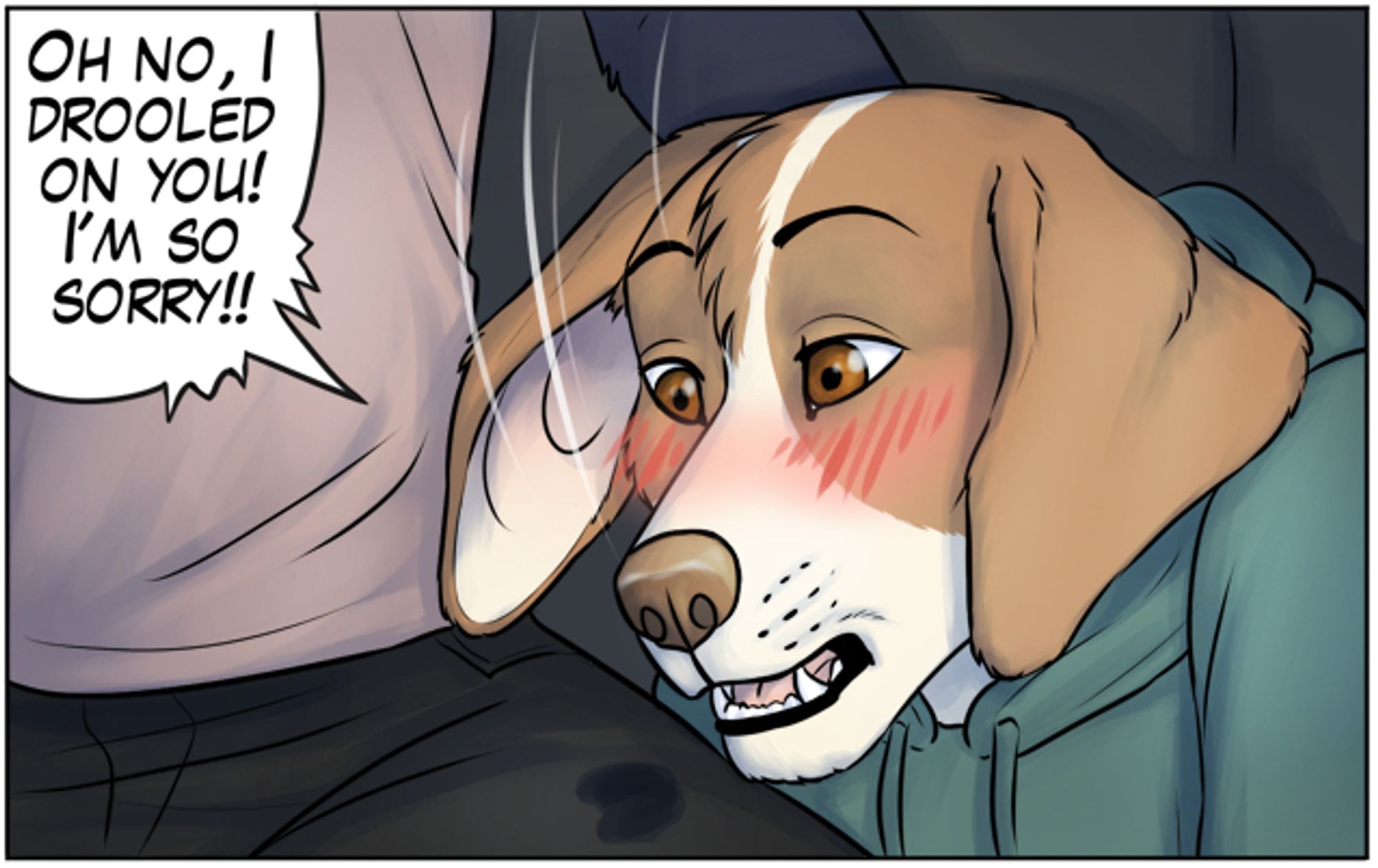 A floppy eared anthro male dog rising his head from his boyfriend's lap, only to notice he has drooled on his thigh.