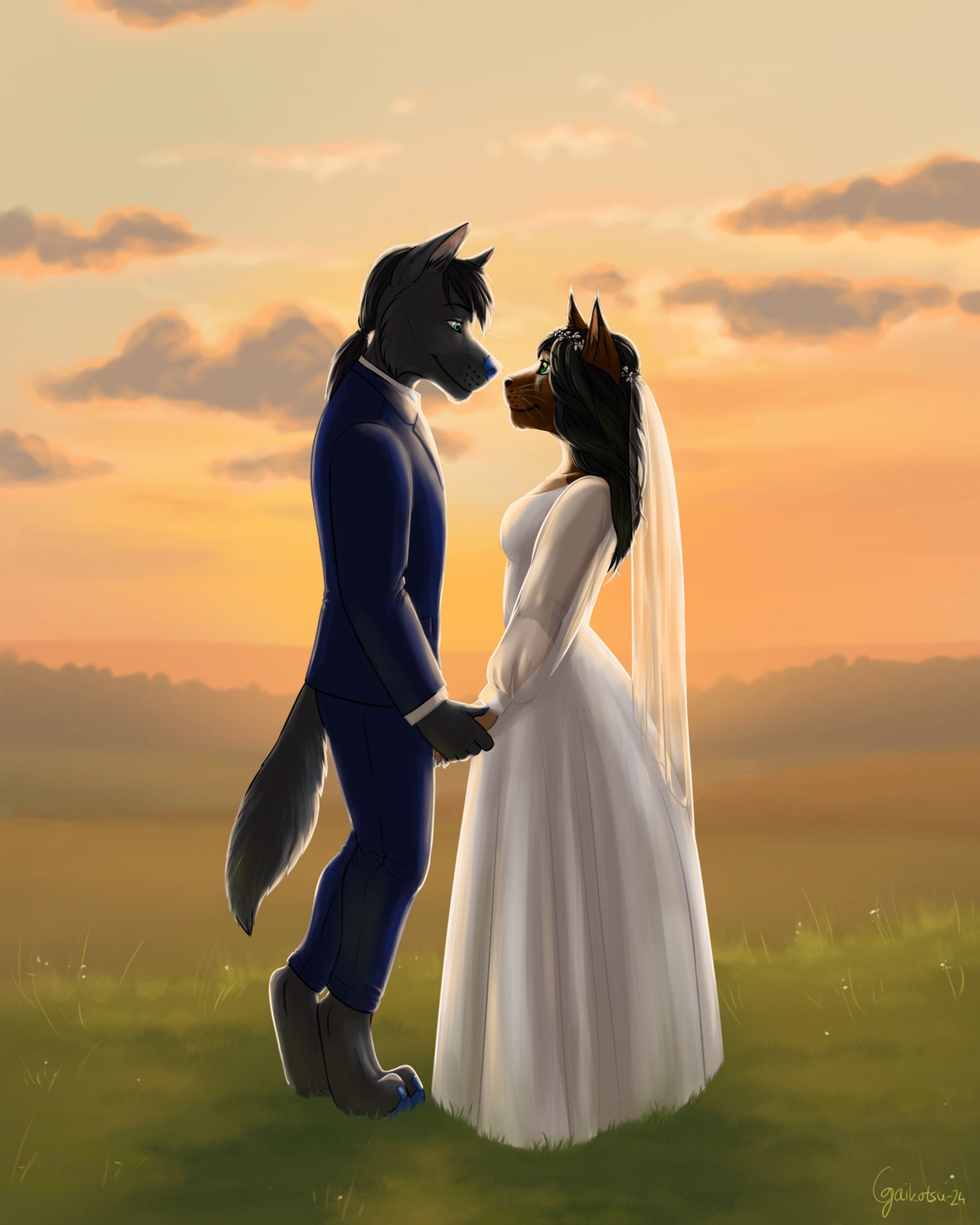 A black male anthro wolf in dark blue suit holding the hands of his bride, a domestic cat with long black hair and a white wedding dress. They're facing each other and looking into each others ice on a field with the setting sun behind them.