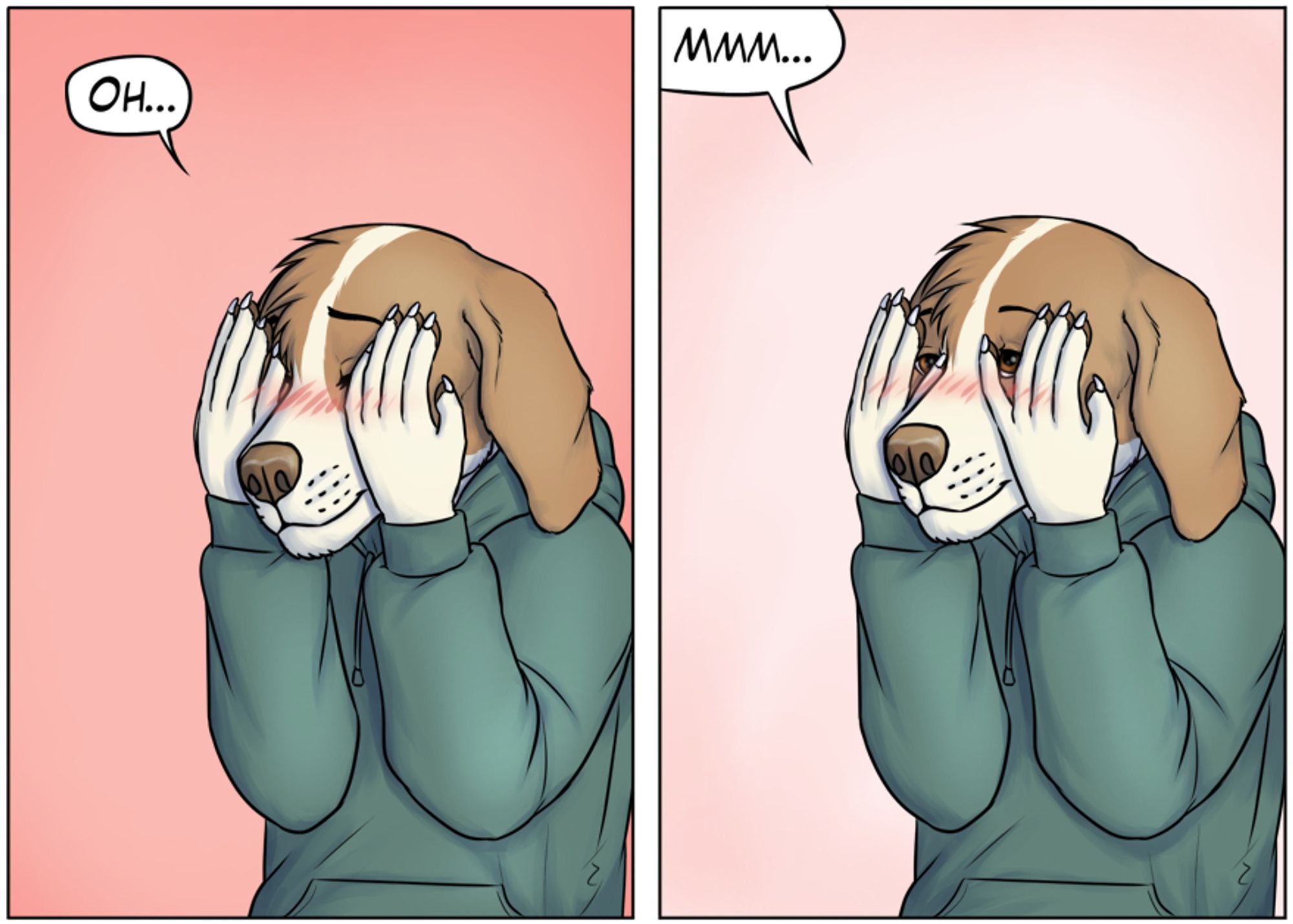 Two comic panels that show an embarrassed floppy eared male anthro dog hiding his face with his paws.