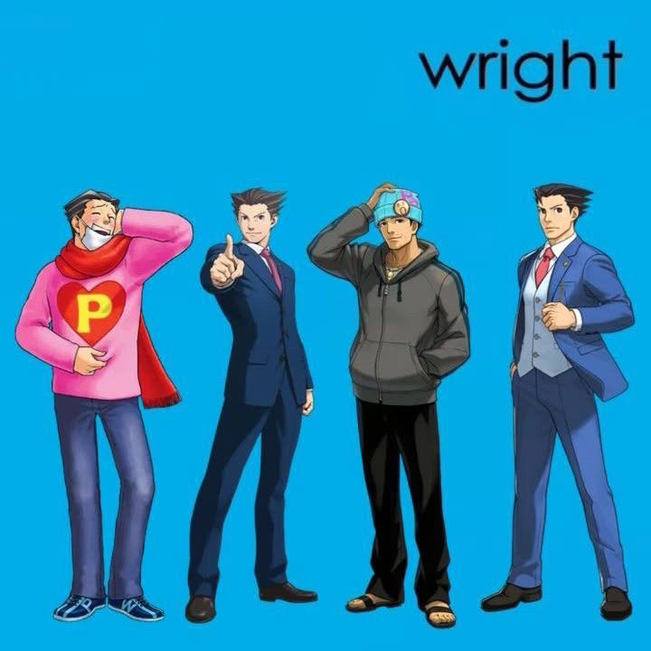 All eras of phoenix wright (feenie, trilogy, disbarred, and dual destinies onwards) standing in line on a weezer blue background with "wright" in the top right corner in the weezer font