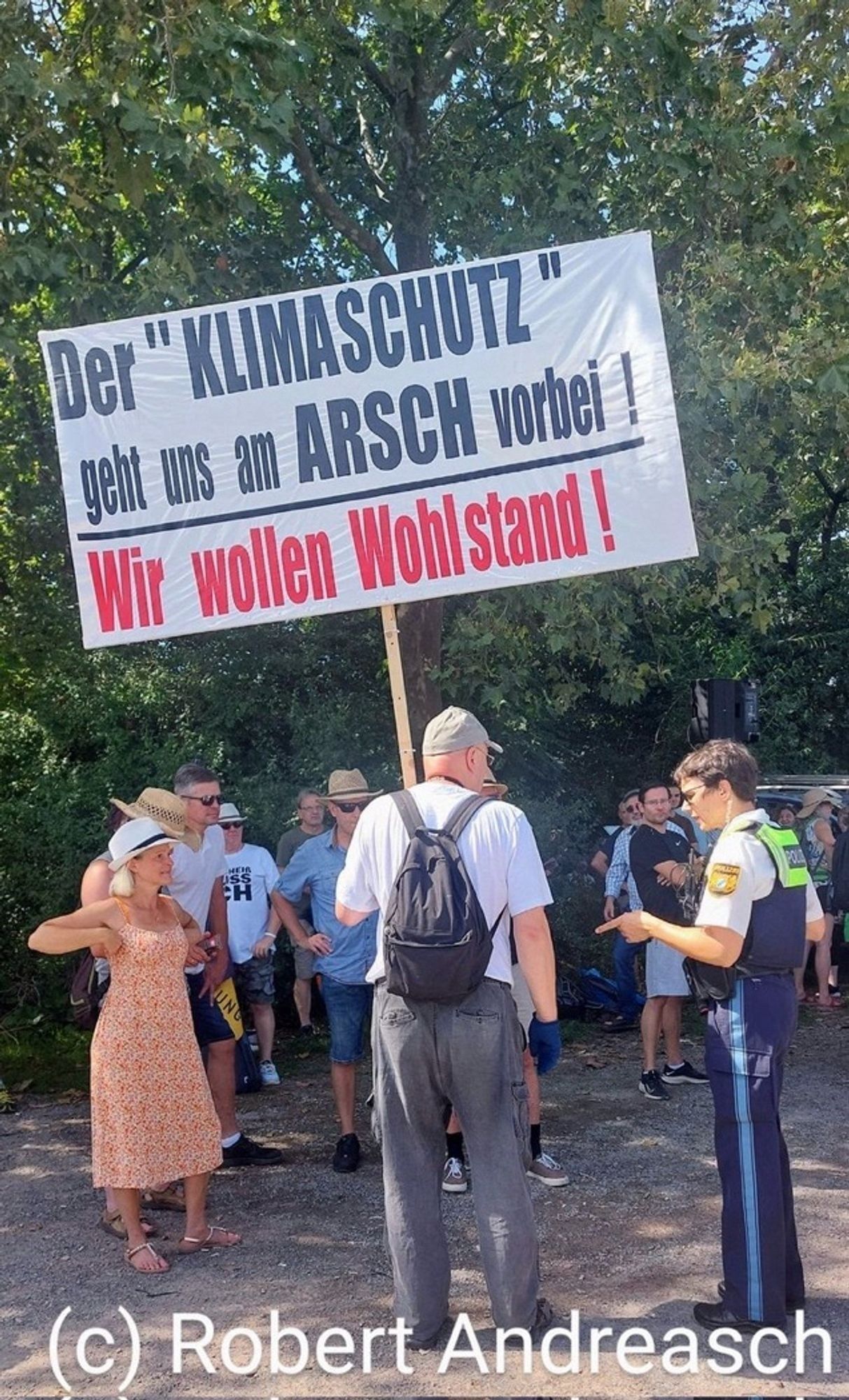 Eine Demonstration, ein alter Mann mit großem Schild, auf dem steht: Der "Klimaschutz" geht uns am Arsch vorbei! Wir wollen Wohlstand!