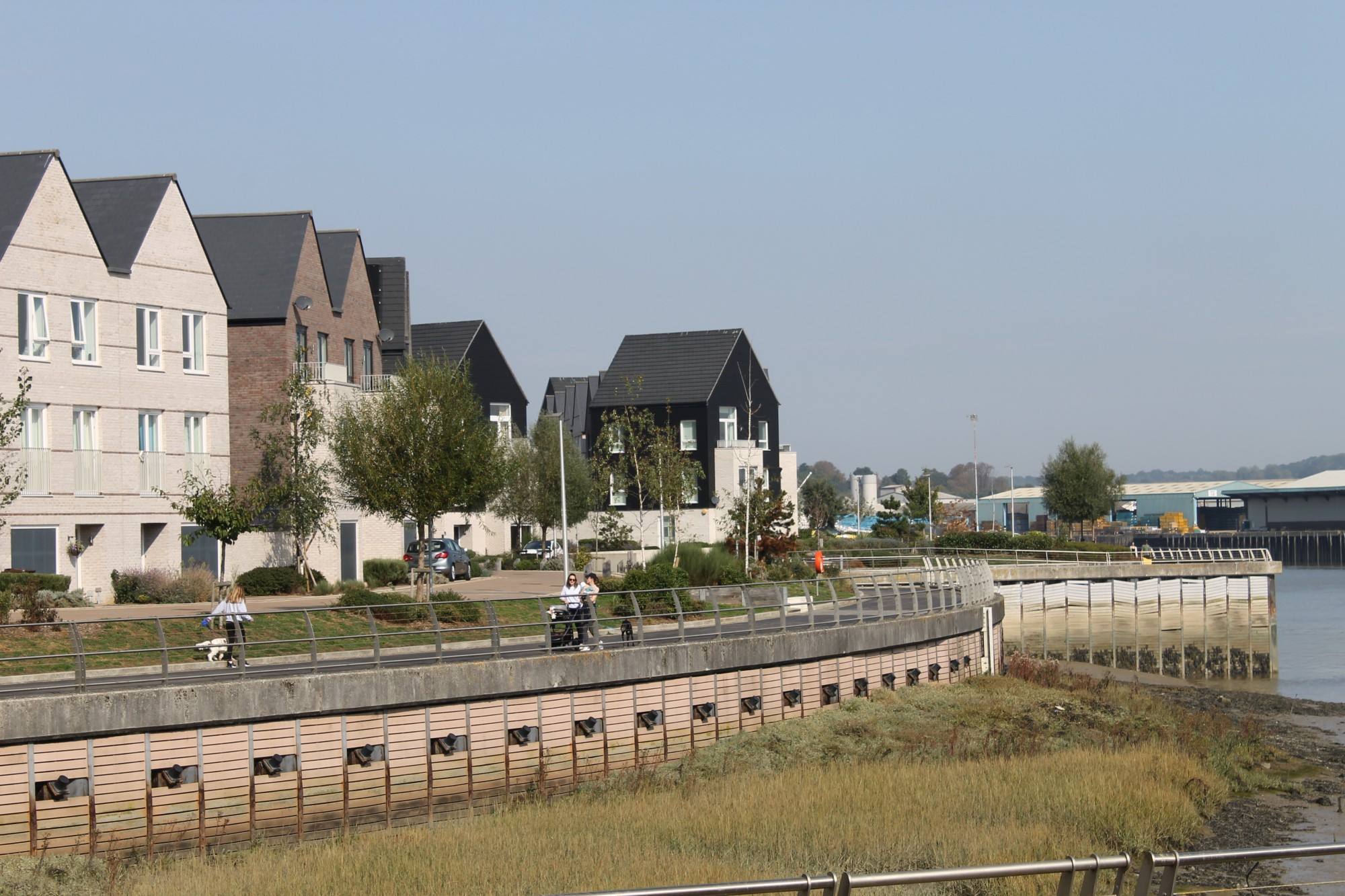 waterfront 3 storey gabled semis face the Medway River. Tidal mudflats with marginal plants edge the water side of the river wall