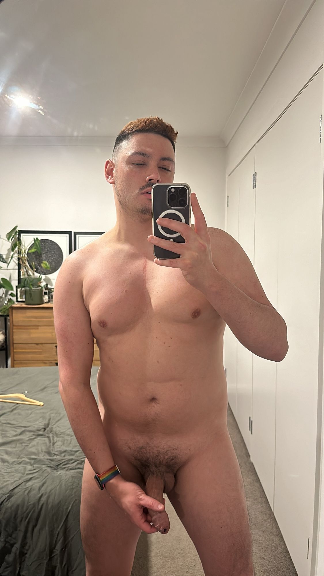 Mirror selfie completely naked holding down my dick with my hand