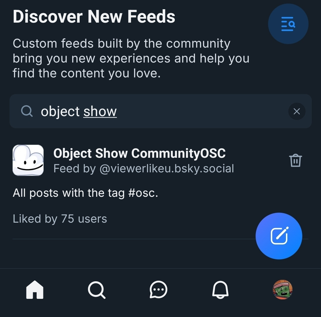 A screenshot titled 'Discover new feeds', with the term 'Object Show Community' typed in the search box.