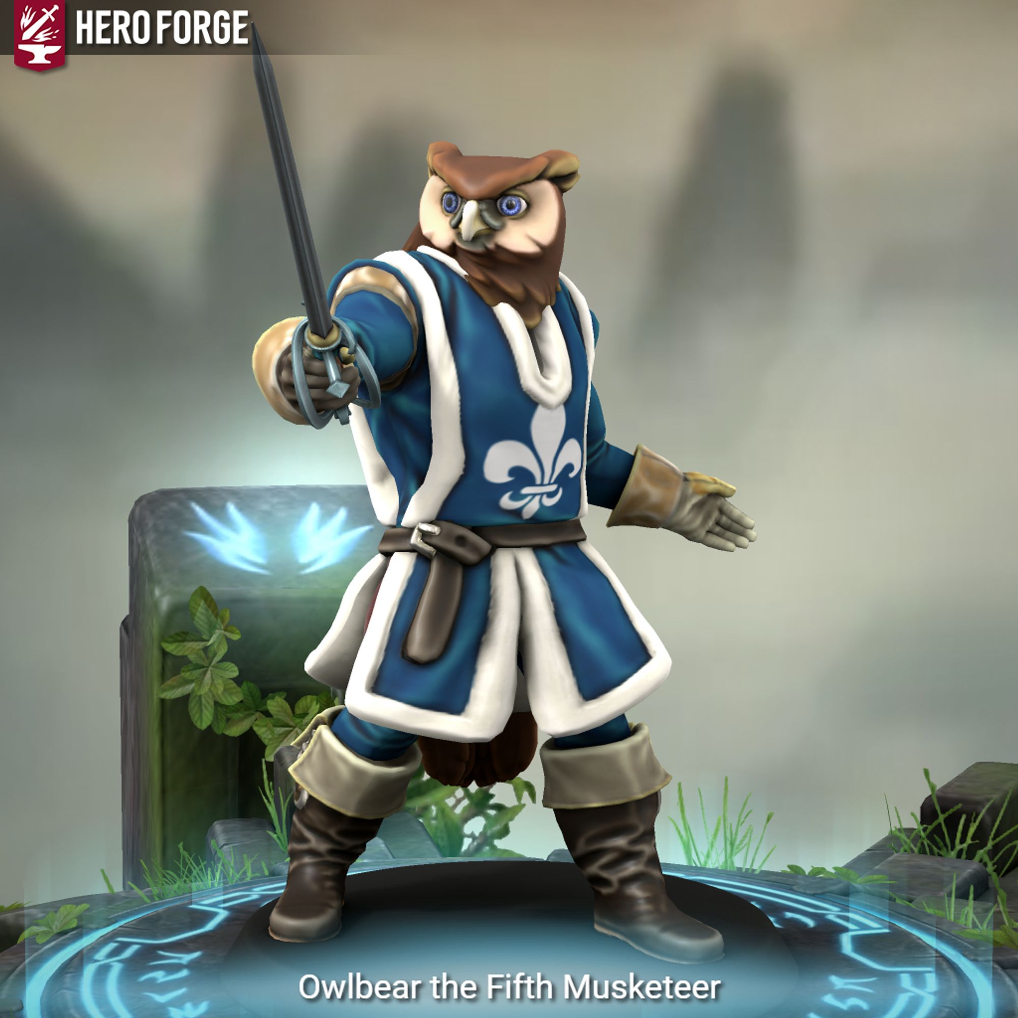 A miniature of an Owlbear in a blue tabard with a sword, captioned "Owlbear the Fifth Musketeer"