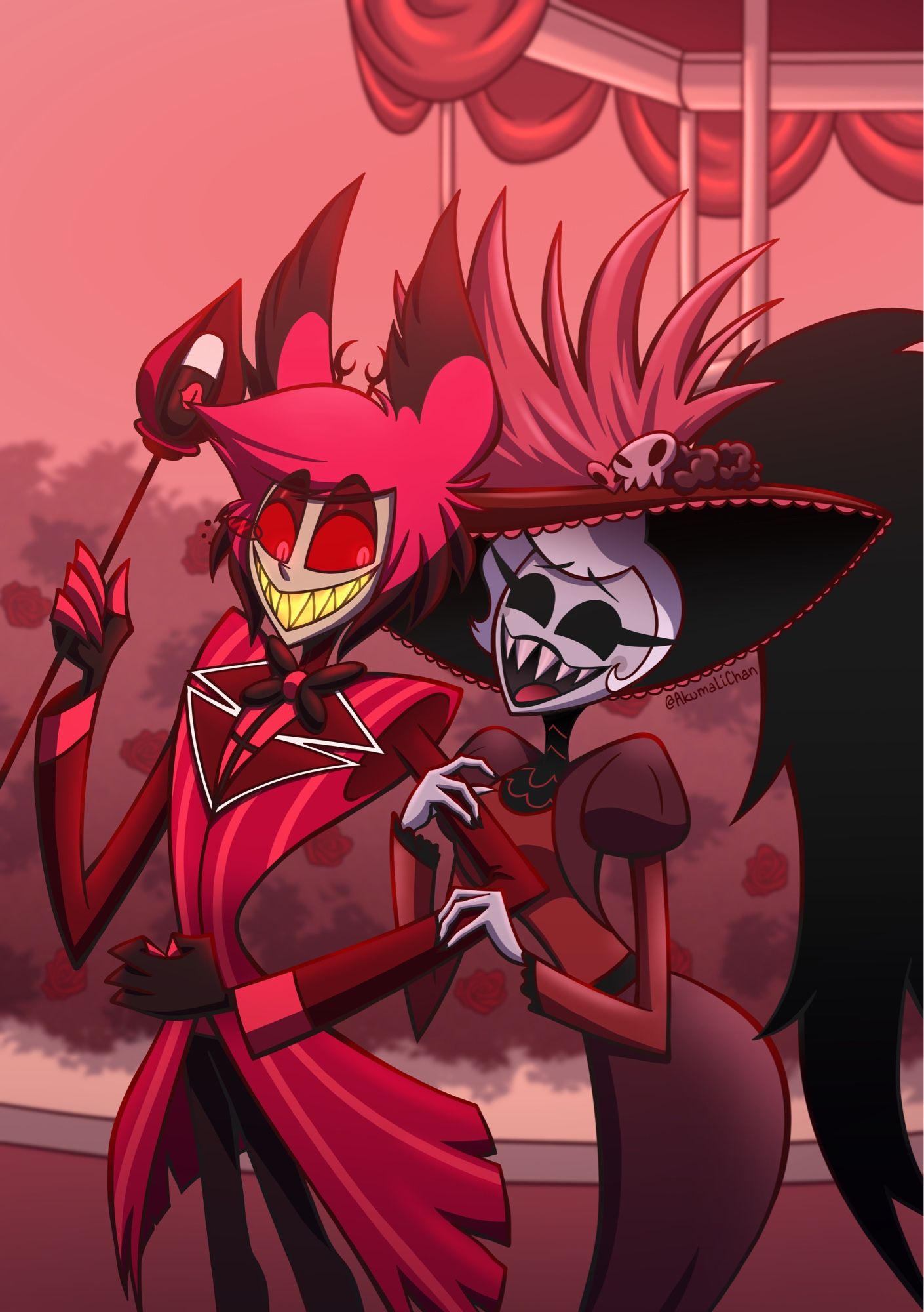 Alastor the radio demon from Hazbin Hotel taking a walk through Cannibaltown with his bestie Rosie