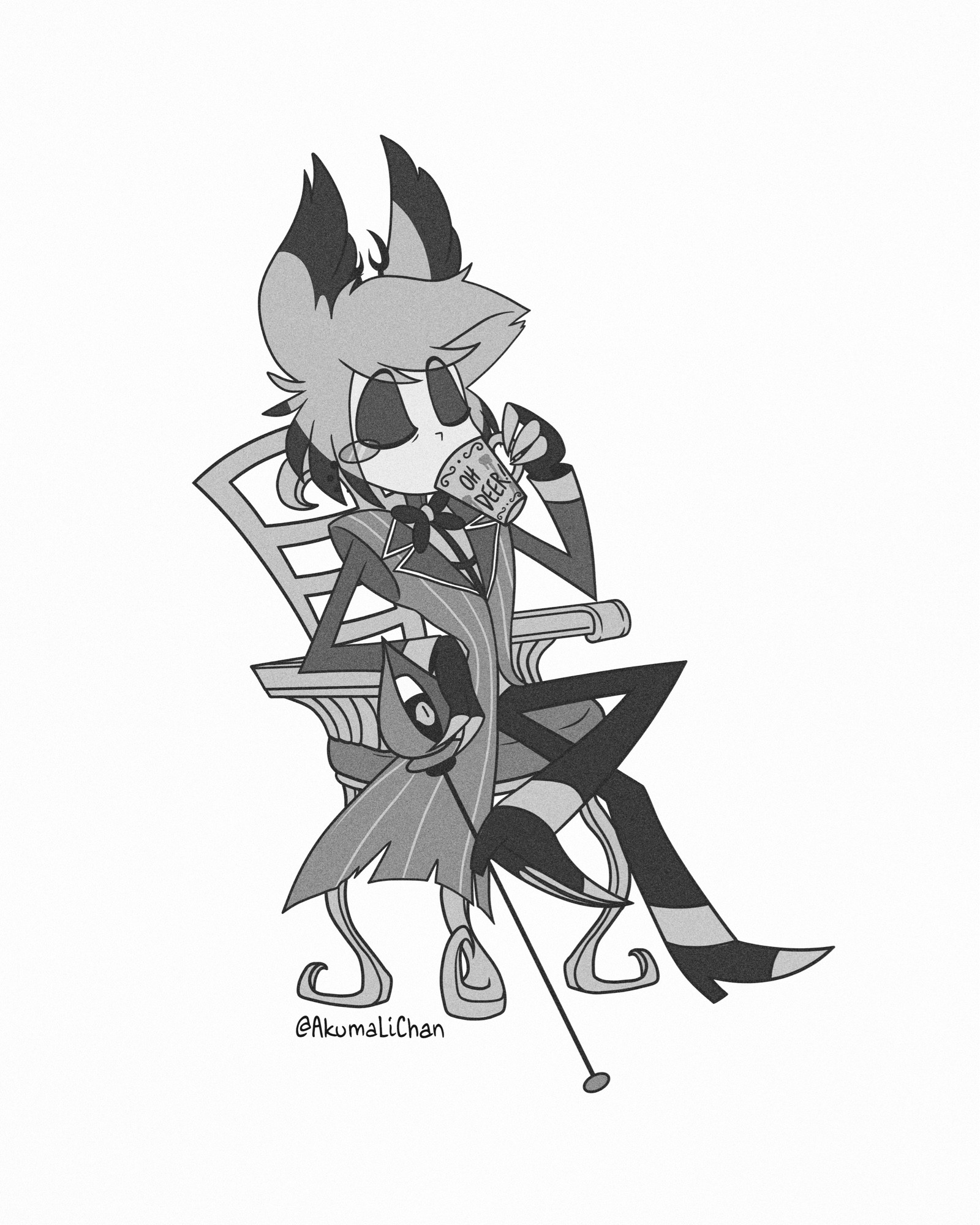 Alastor from Hazbin Hotel sipping from his “Oh Deer!” mug