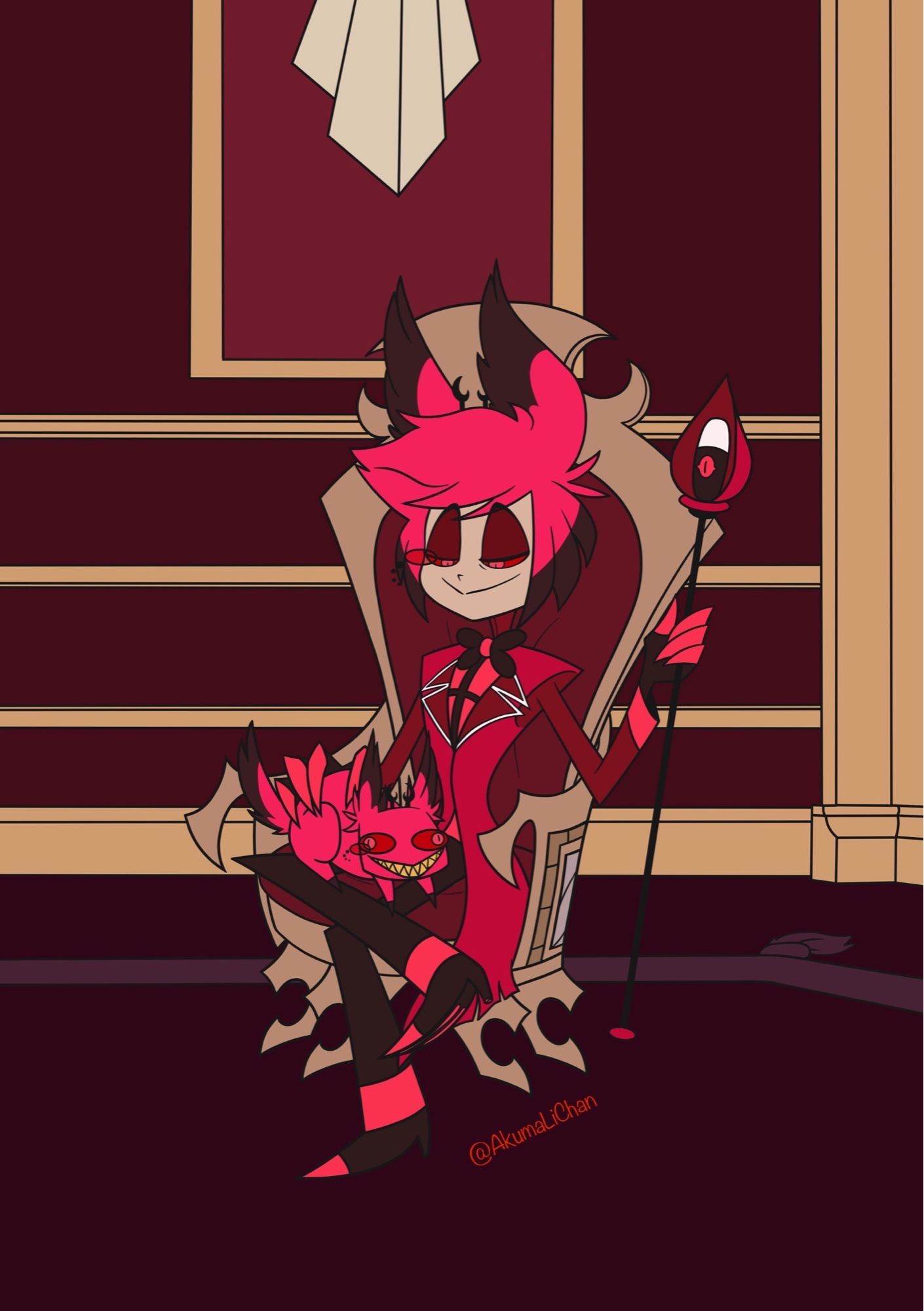 Alastor from Hazbin Hotel sitting in a chair petting crazy cat Alastor. Crazy cat Alastor meme